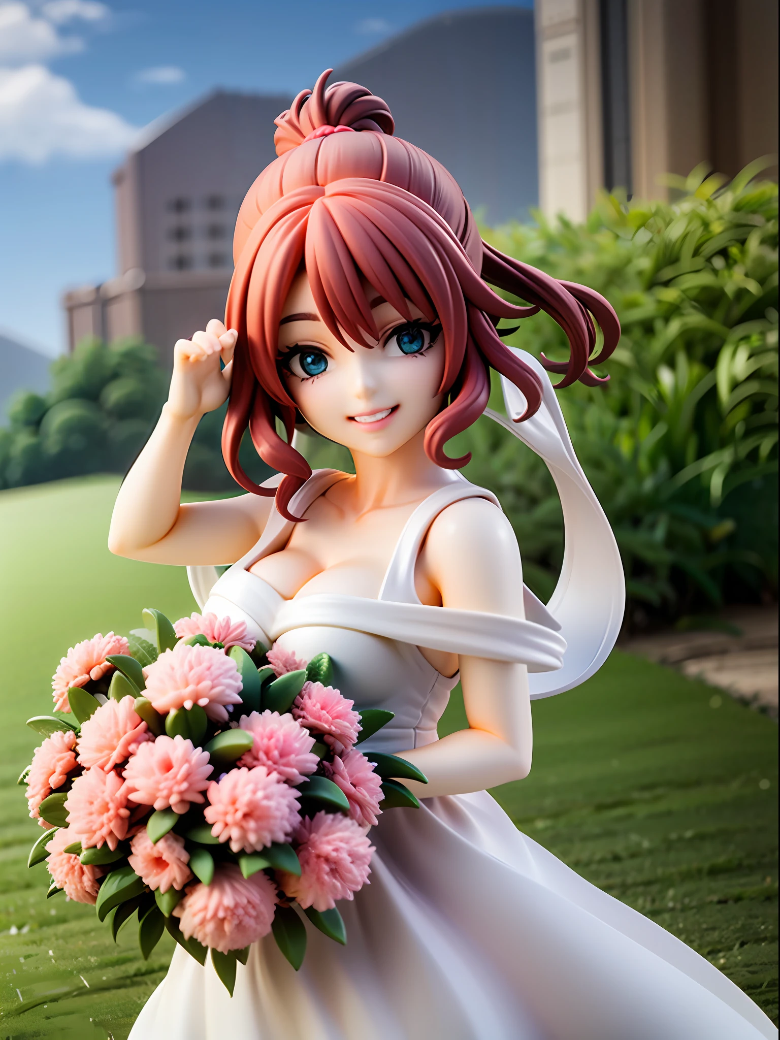 Girl, red hair, ponytail, green eyes, beautiful eyes, smile, happy, white dress, bouquet, holding with both hands, upper body, on grassland, blue sky