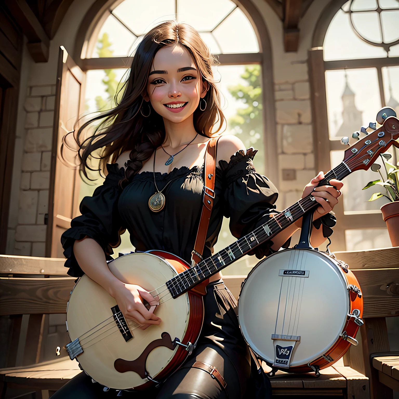 Brown haired woman touching a banjo and smiling medieval --auto