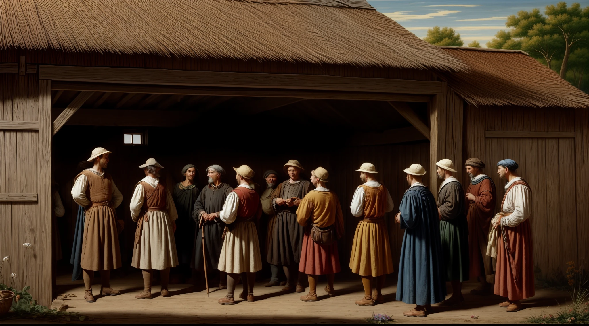 peasants dressed as medieval peasants, gathered in a barn, talking among themselves. in realism