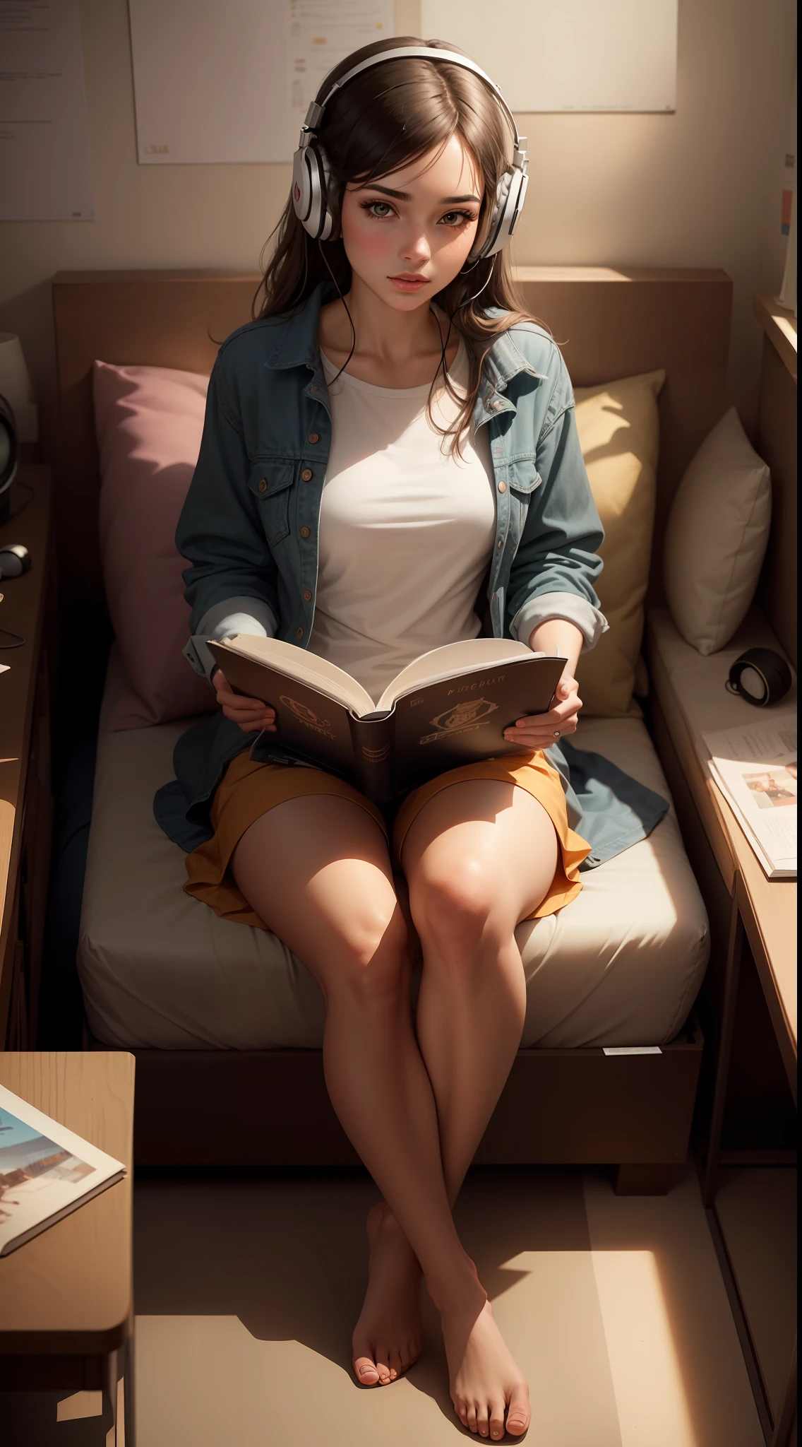 Portrait of beautiful girl, sitting cross-legged on bed, full body, (headphone), reading book, concept art, (student), pinterest, arts station, art by lou ll