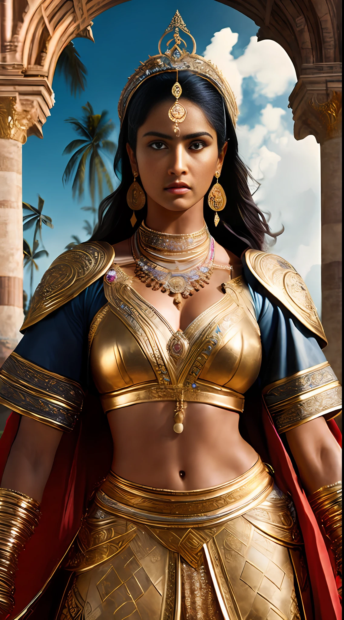 (masterpiece, UHD, digital art, detailed:1.3), Warrior Queen Rani Abbakka Chowta, dignified and strong, (clad in intricately designed armor:1.2), leading her 16th-century Indian soldiers, the mesmerizing Indian coastal region, (protecting against Portuguese intruders:1.4), realistic style with HDR, breathtaking natural beauty, golden beaches, swaying palm trees, dramatic lighting, rich colors, detailed battle scene, intricate architecture in the backdrop, stoic expressions, showcasing the unwavering spirit of resistance and valor.