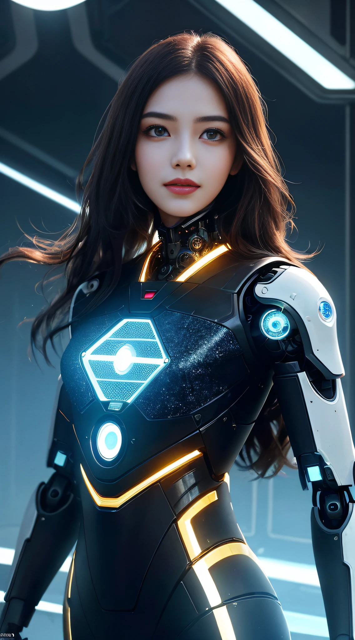 (1girl:1.3), solo, ((very detailed face)))), ((very detailed eyes and face)))), beautiful detail eyes, body parts__, official art, unified 8k wallpaper, super detailed, beautiful and beautiful, beautiful, masterpiece, best quality, original, masterpiece, super fine photo, best quality, super high resolution, realistic realism, sunlight, full body portrait, amazing beauty, sexy pose, delicate face, vibrant eyes, (from the front), futuristic robot woman, human-machine fusion, tech fashion, exotic background, intense light and shadow, complex lines, mechanical elements, eye-catching, noble and mysterious, robotic arm decoration, smile confusion, machine tattoo, glass transparent material, dazzling eyes, high-tech clothing, unique look, futuristic city background, digital projection, technological aura, superpower symbol, dancing posture, charming aura, futuristic charm, mechanical age, highly detailed skin, realistic skin details, visible pores, clear focus, 8k uhd, DSLR camera, high quality, film grain, fair skin, photo realism, lomography, a huge metropolis of future dystopia,