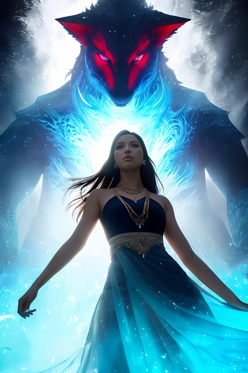 A mesmerizing image of a massive experiencing a moment of serenity and clarity. The colossal creature stands tall, its fiery eyes displaying a mix of awe and wonder. The woman wearing the elegant, elegant attire stands nearby, gazing intently at the towering creature. The vibrant hues of the vibrant colors contrast against the deep, understated tones of the background, creating a captivating scene. standard lens, medium aperture, soft lighting