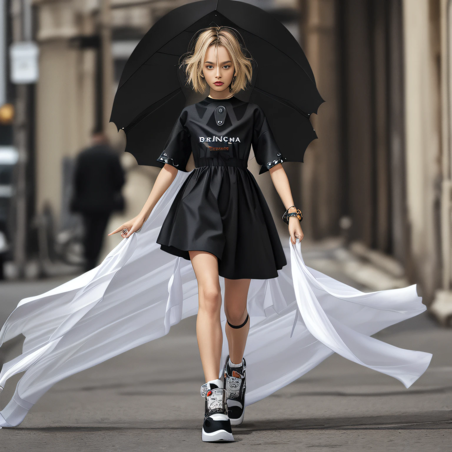 high fashion model wearing vetements tshirt outfit inspired by balenciaga --auto