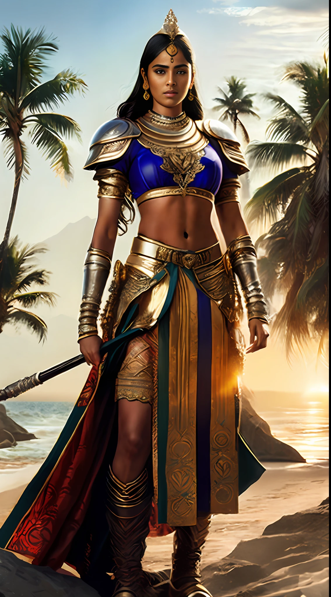 (masterpiece, UHD, digital art, detailed:1.3), Warrior Queen Rani Abbakka Chowta, dignified and strong, (clad in intricately designed armor:1.2), leading her 16th-century Indian soldiers, the mesmerizing Indian coastal region, (protecting against Portuguese intruders:1.4), realistic style with HDR, breathtaking natural beauty, golden beaches, swaying palm trees, dramatic lighting, rich colors, detailed battle scene, intricate architecture in the backdrop, stoic expressions, showcasing the unwavering spirit of resistance and valor.