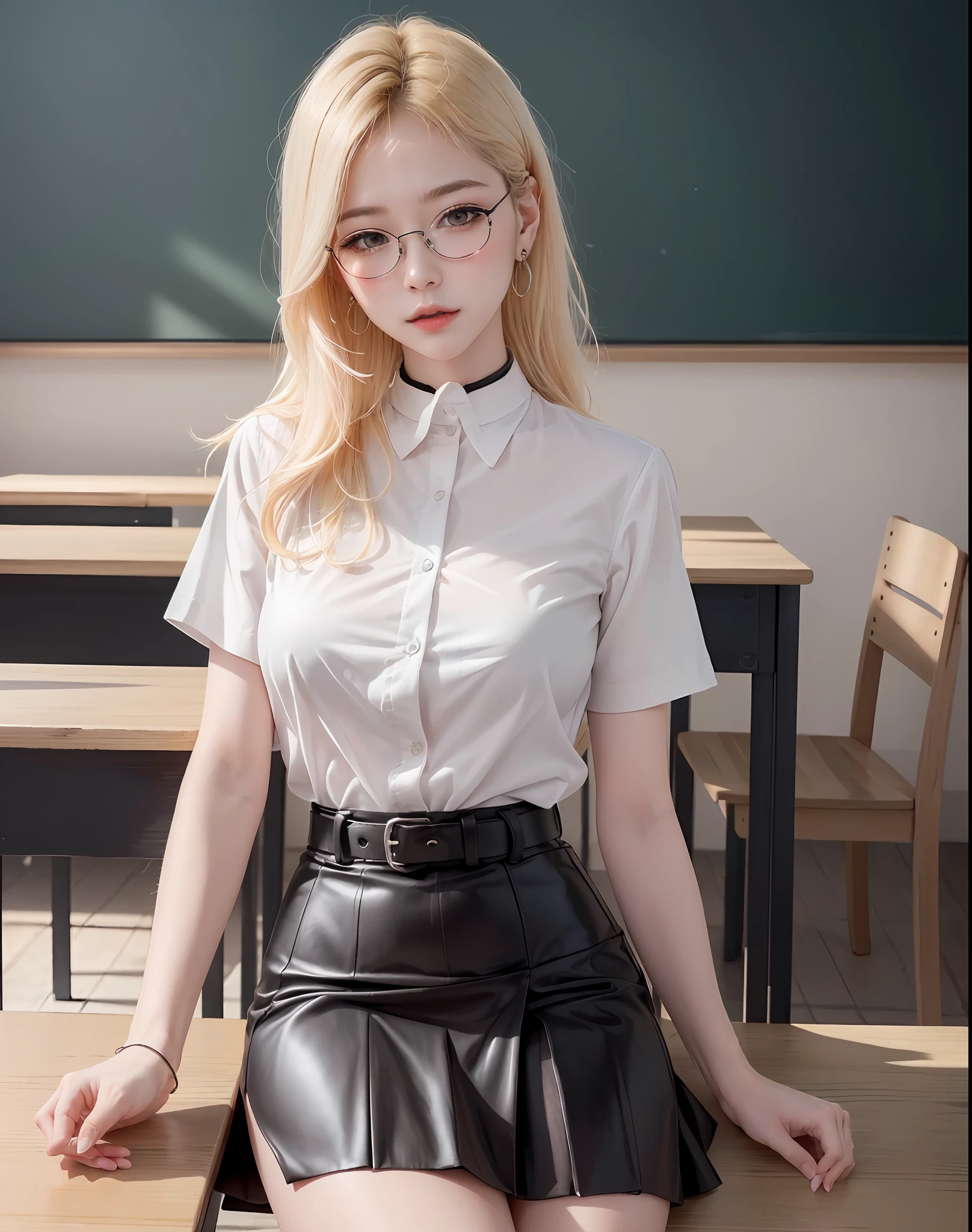 absurdres, 1girl, blush, (realistic:1.5), (masterpiece, Extremely detailed CG unity 8k wallpaper, best quality, highres:1.2), (ultra_detailed, UHD:1.2), perfect illumination, distinct, (1girl:1.4), looking at viewer, unreal engine, sidelighting, perfect face, detailed face, perfect body, beautiful eyes, pretty face, (bright skin:1.4), idol, (abs), ulzzang-6500-v1.1,,((narrow waist)),(blonde hair),MAHALAIUNIFORM,(((WHITE SHIRT SHORT SLEEVES))),((BLACK polished PENCIL SKIRT)),((BLACK PLEATED SKIRT)),((in the classroom)),(choker),((white shirt short sleeves )),((black pencil skirt)),(belt),((sitting on the table)),(Full body:1.4),bangs,((glasses)),sharp eyes,peck the corners of the mouth,silver earrings,hands in hair,silver watch,((medium breast))