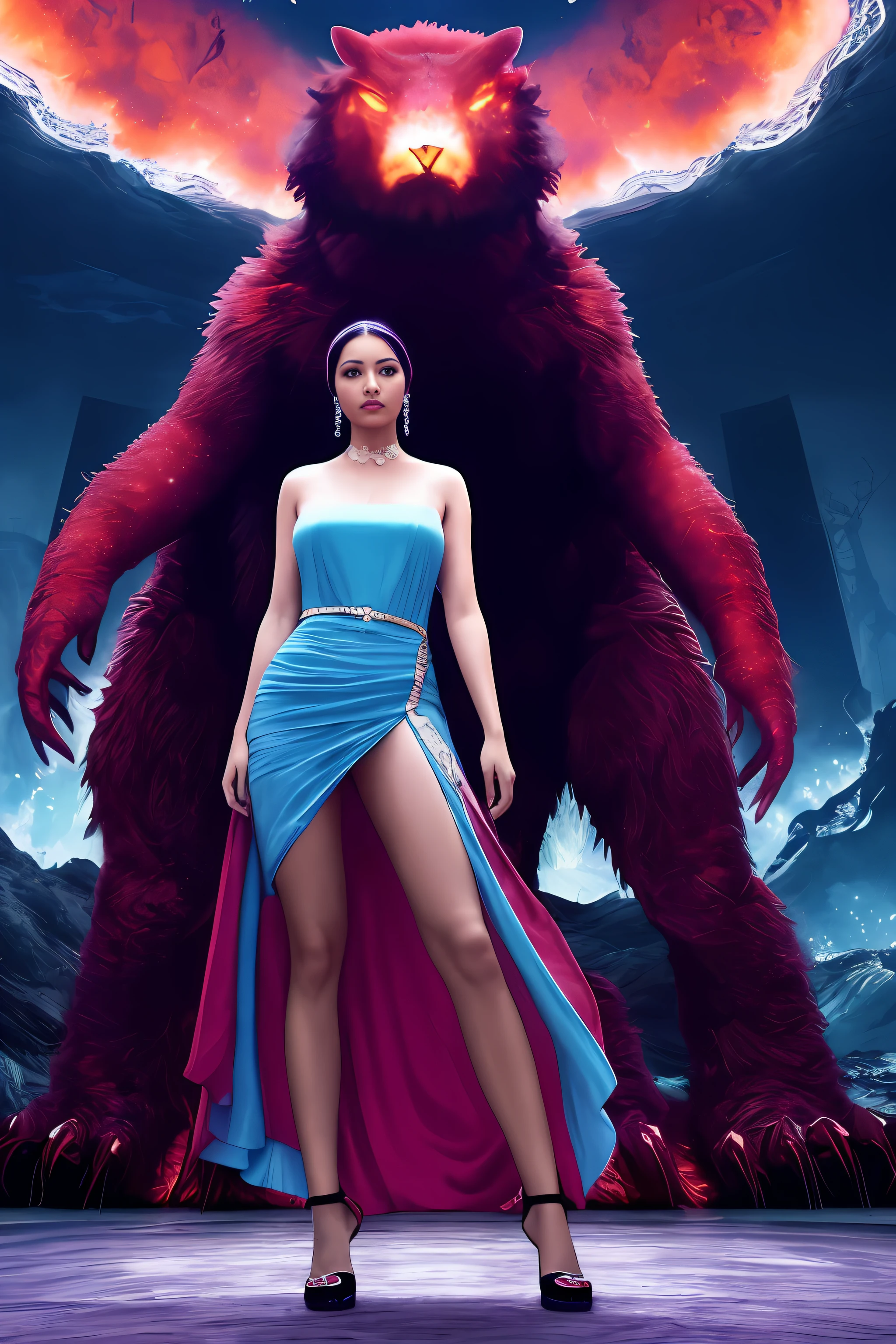 A mesmerizing image of a massive experiencing a moment of serenity and clarity. The colossal creature stands tall, its fiery eyes displaying a mix of awe and wonder. The woman wearing the elegant, elegant attire stands nearby, gazing intently at the towering creature. The vibrant hues of the vibrant colors contrast against the deep, understated tones of the background, creating a captivating scene. standard lens, medium aperture, soft lighting