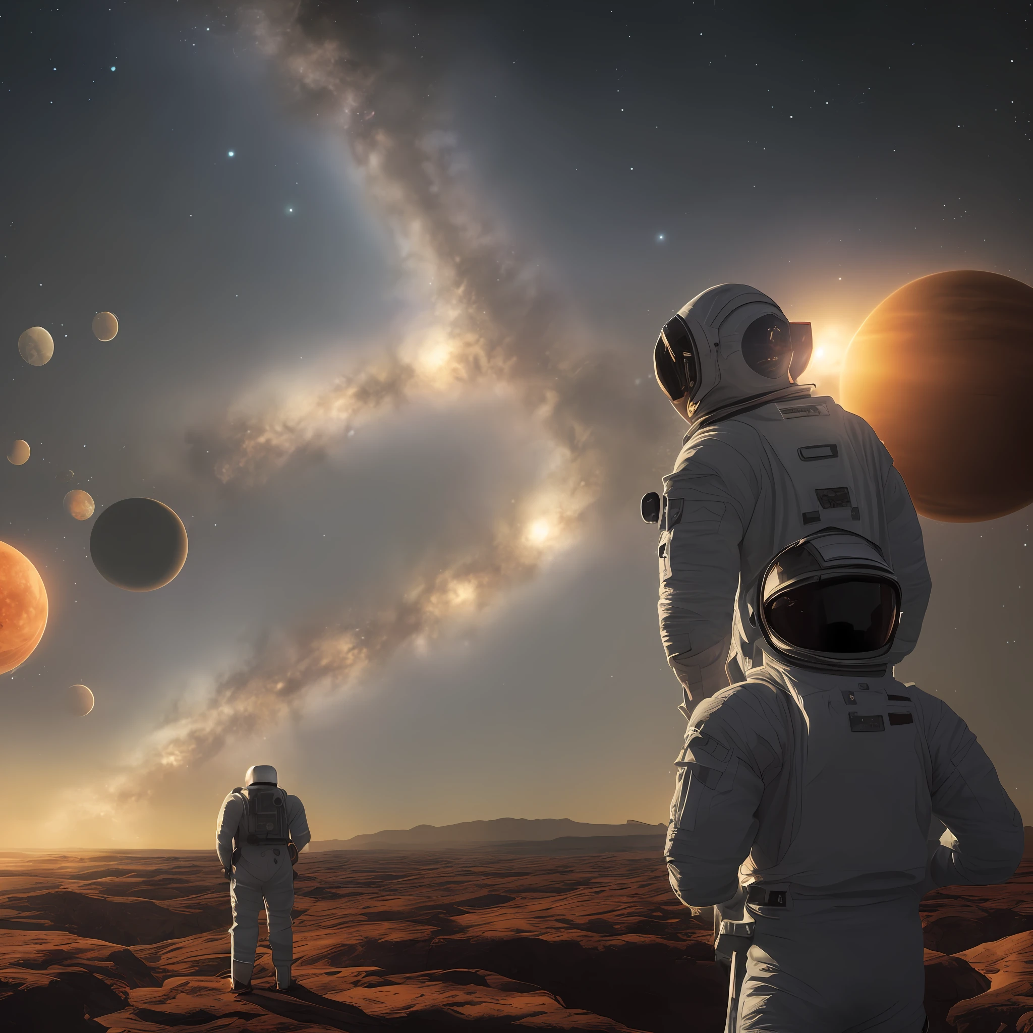 ((Masterpiece)), (Best Quality)), 8K, high detail, hyper-detail, the painting depicts a scene of breathtaking magnificent spatial images. The picture shows a man wearing a spacesuit, facing back, looking at a red glowing planet in space. The scenes are extremely detailed and the clarity is extraordinary, capturing every intricate detail of the panorama --auto