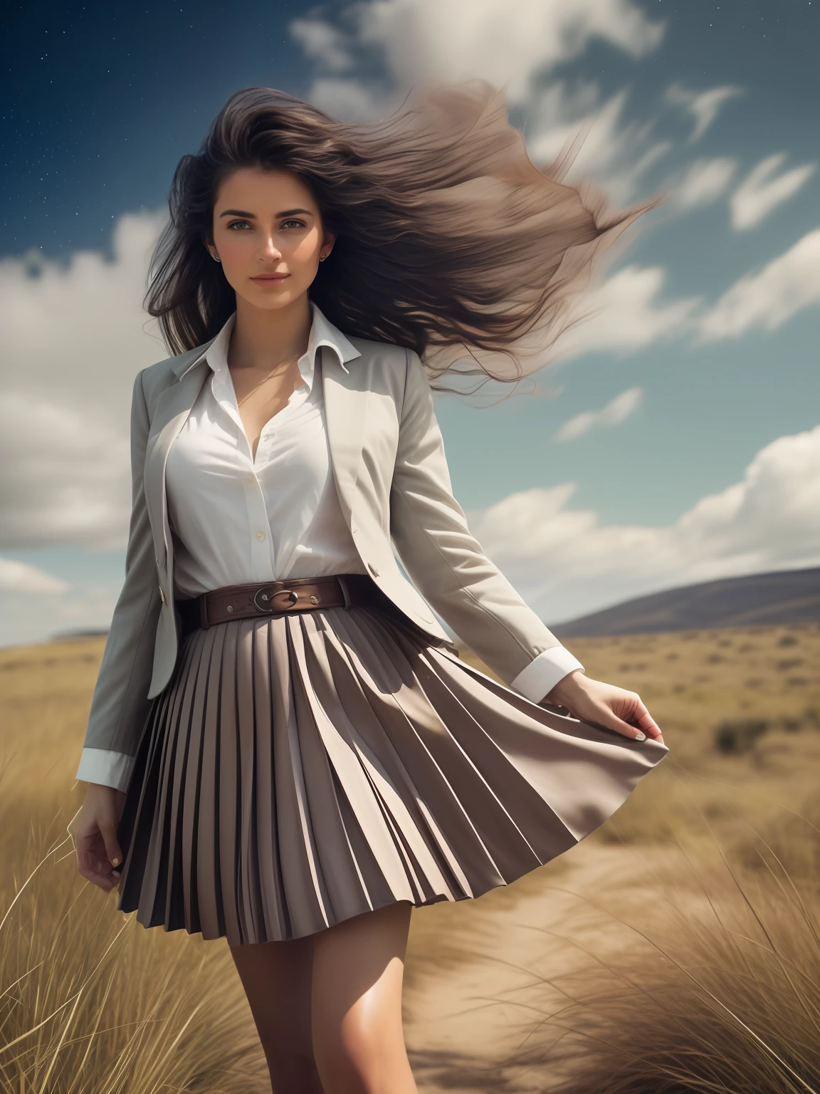 authentic (kind and tender) good woman wearing a short blazer with a very very detailed (long (fully pleated) full circle skirt) and (simple) low heeled office shoes, very very intricate hyper-detailed symmetric (attractive graceful young feminine face) with (sad, tired eyes and shy smile), full of empathy and compassion and love, (pronounced (feminine) features), (highly detailed ultra accurate realistic) hands and fingers, ((windy conditions and wind blowing)), epic composition, highly detailed attributes, highly detailed atmosphere, (35mm f1.4 Kodak portra 400 photograph), extremely high quality RAW photograph, detailed space operation communications background, intricate, Exquisite details and textures,