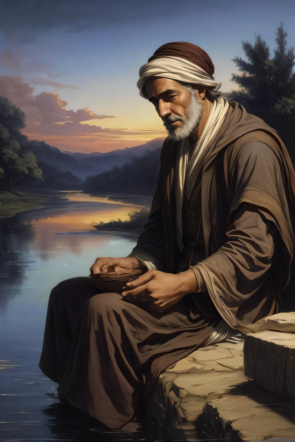 close up of 1 man, old, of Moroccan descent, wizard sitting by a river, at sunset, beautiful face, beautiful sky, (oil painting), classical art:0.4, detailed, intricate, (fantasy art), muted color:0.25, best quality, good anatomy, good composition, good proportions, good design, dynamic pose, good pose, realistic sky, realistic backgrounds, (cinematic), (highest quality, award winning, masterpiece:1.3), (art by Arthur Rackham:0.5), (((natural colors))), (photorealistic:1.4), ((empty hands, holding nothing)),