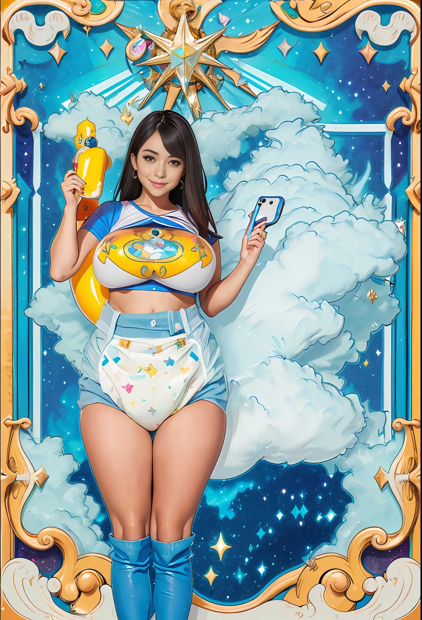 Sexy girls wearing (big diapers), busty, big breasts, wide hips, magical, beautiful faces, (magical fog), ((enchanting)), universe, luxury, beautiful, colorful, inflatables, selfie