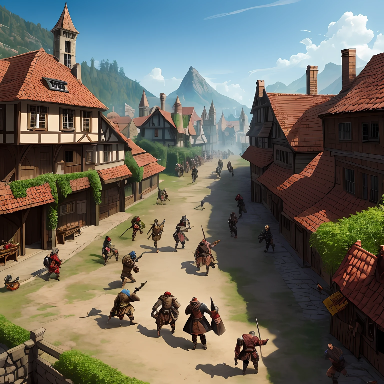 Medieval village being invaded by a crowd of orcs rpg fights violence gritty --auto