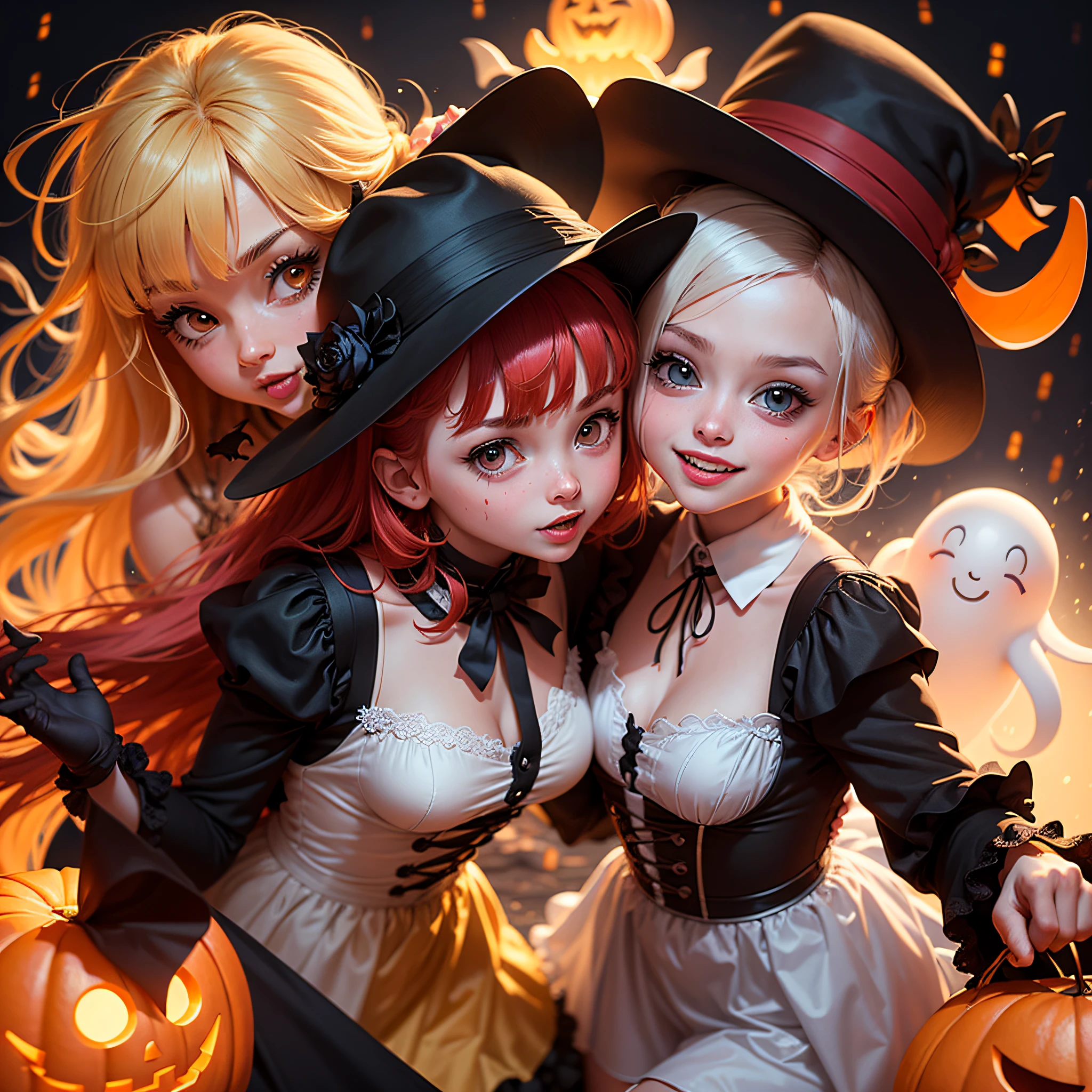 cute animated ghosts going sweet or mischief, halloween theme, background, comic style, white background, dynamic, highly detailed, sharp focus, 4k --auto