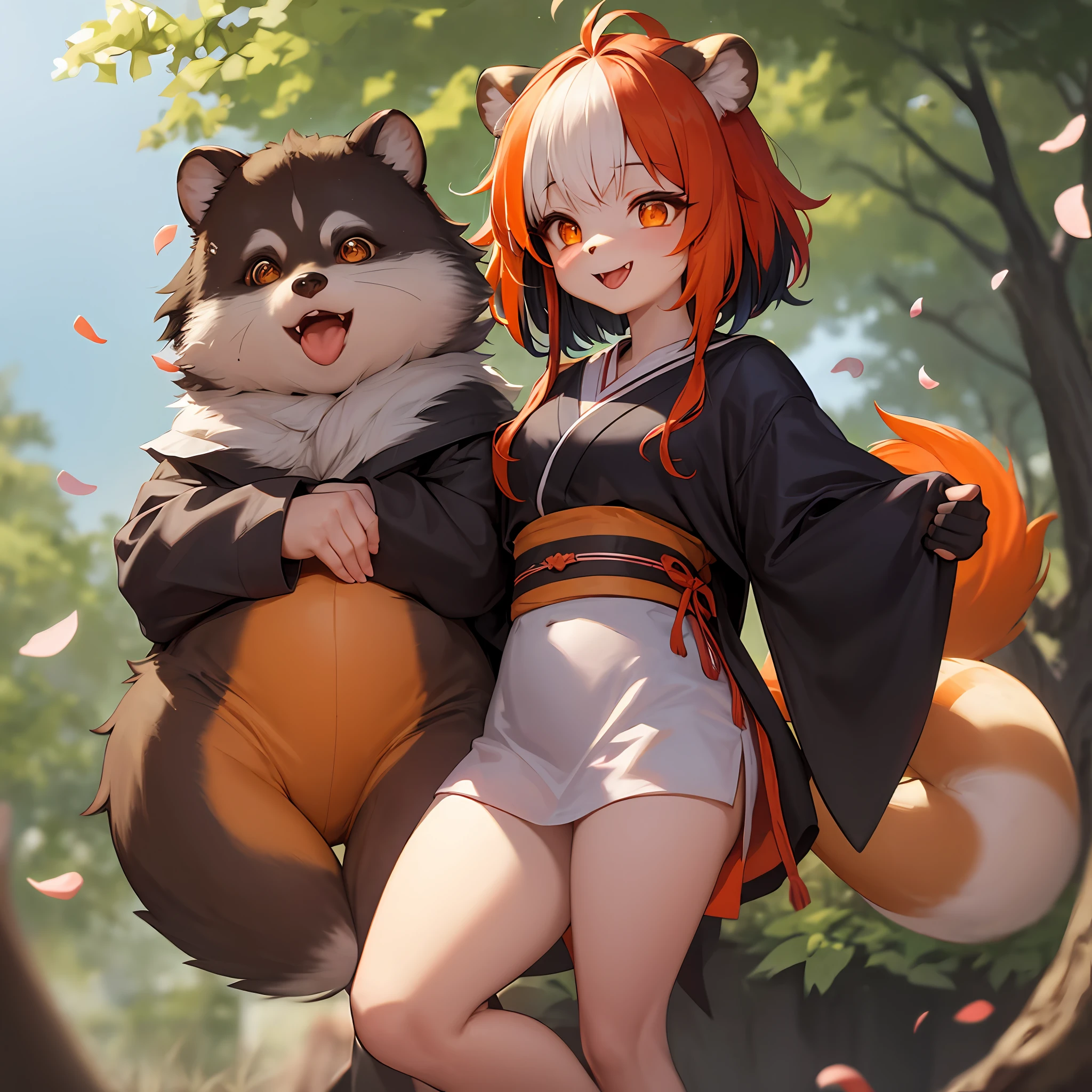 (furry fluffy antrum:1.3), 1girl, solo, hairy tanuki, tanuki ears, (embarrassed smile, tongue out:0.9), kemono, (kimono, kanzashi, Japanese clothes:0.7), hair bell, fluffy tail, two-tone hair, (atmospheric perspective, amazing background, sanctuary, cherry blossoms, forest:0.8), (multicolored hair, orange eyes:1.3),