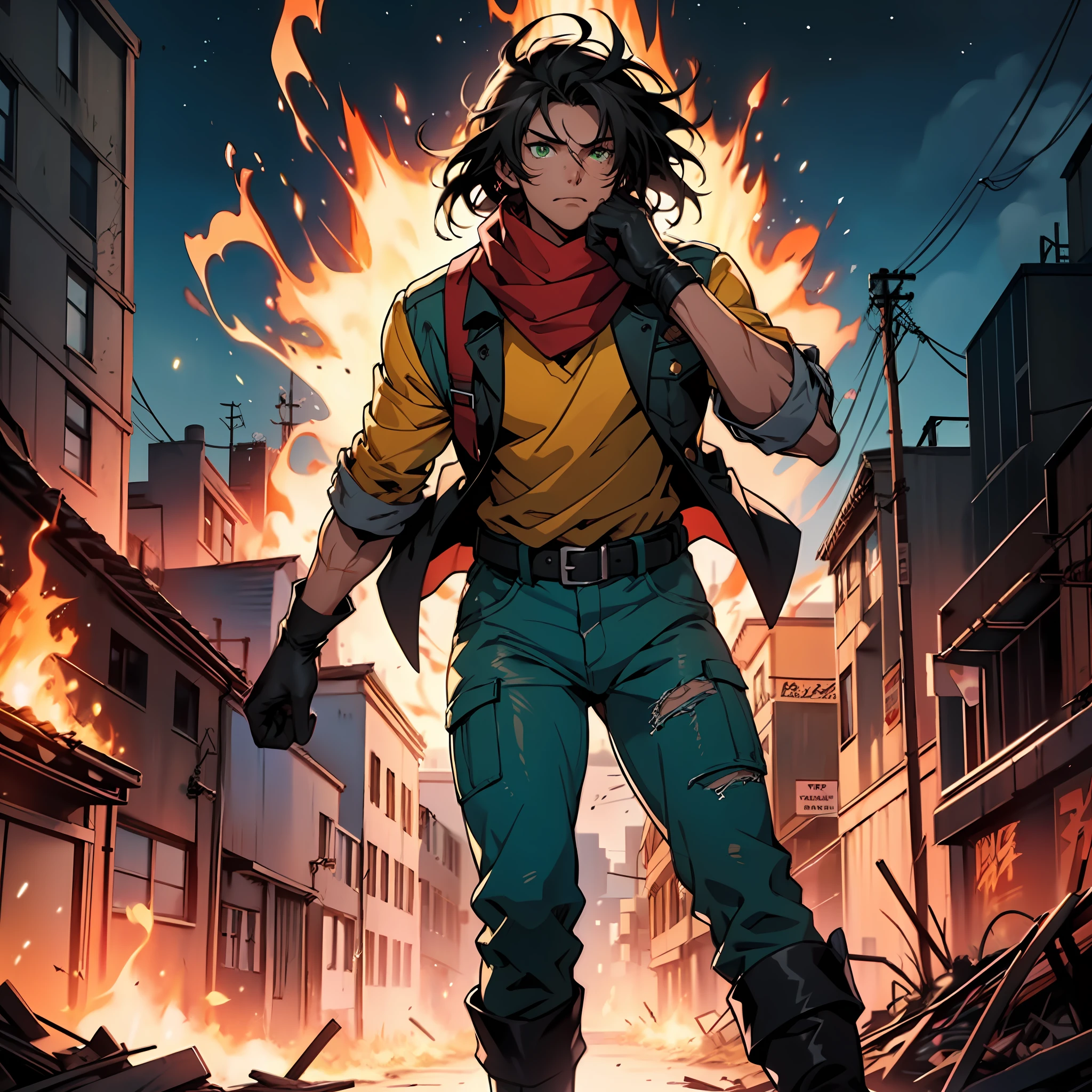 A boy, tall, black hair, abundant disheveled hair, brown skin, green eyes, a scar on his left eye, blue pants, high black boots, red scarf, yellow shirt, high black gloves, young, one arm on fire, apocalyptic background, night, anime, 2d, cartoon, comic --maturemalemix