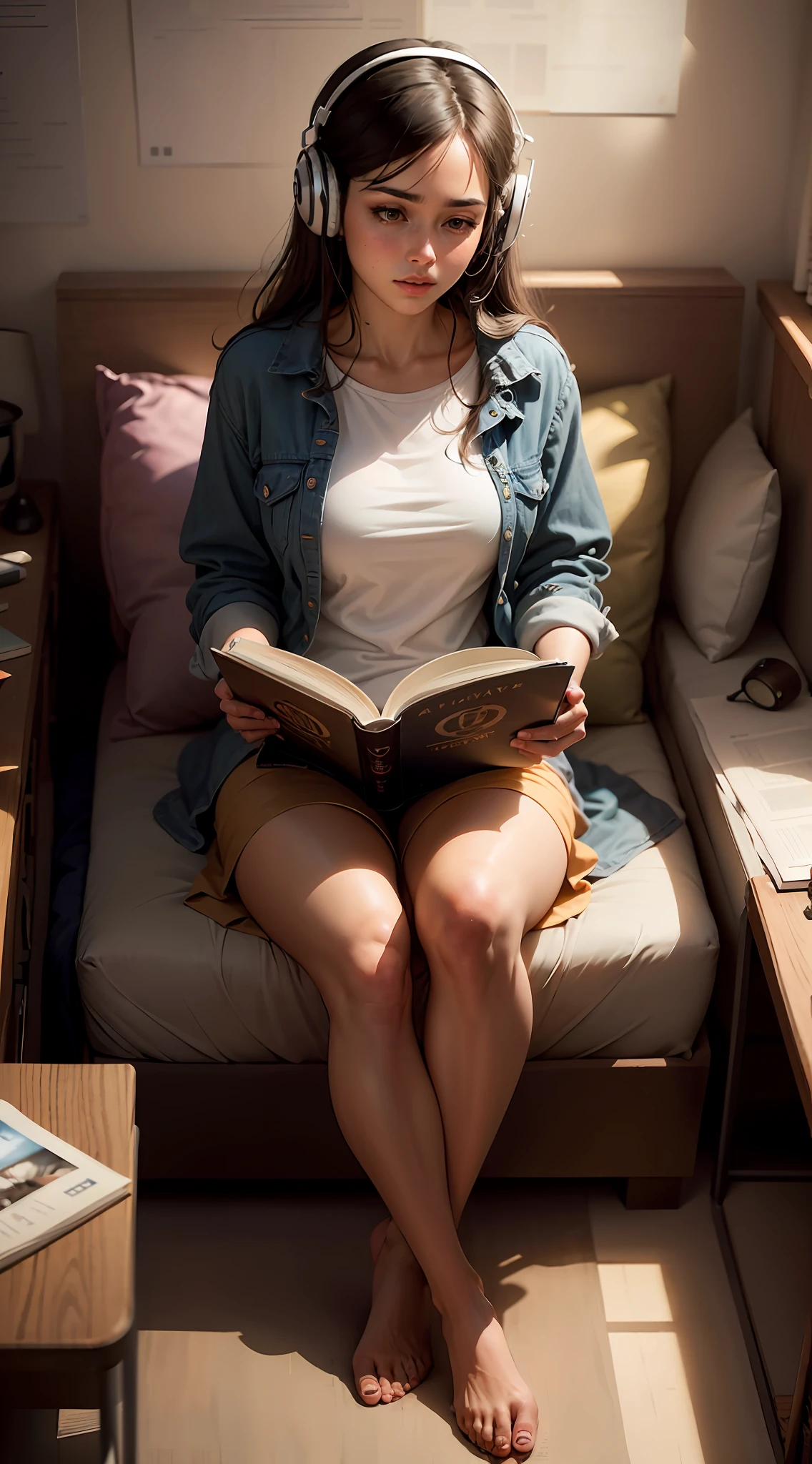 arafed woman sitting on a couch reading a book, reading a book, reading new book, holding a book, sitting on a bed, reading the book about love, studyng in bedroom, sitting on edge of bed, someone sits in bed, sitting on the edge of a bed, book portrait, holding a giant book, curled up on a book