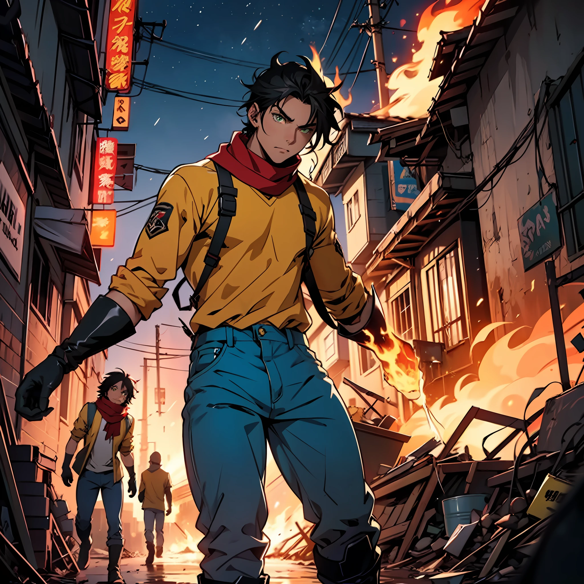 A boy, tall, black hair, abundant disheveled hair, brown skin, green eyes, a scar on his left eye, blue pants, high black boots, red scarf, yellow shirt, high black gloves, young, one arm on fire, apocalyptic background, night, anime, 2d, cartoon, comic --maturemalemix