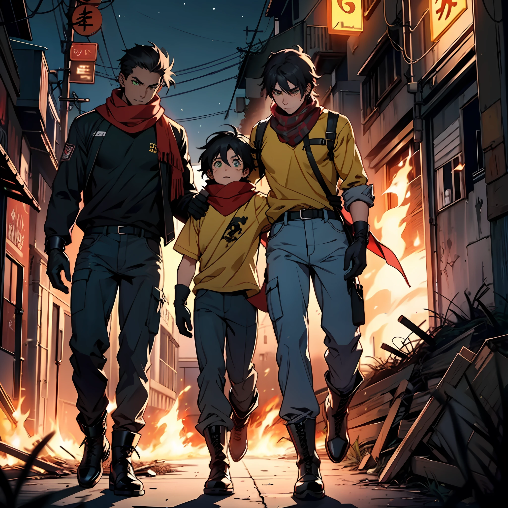 A boy, tall, black hair, abundant disheveled hair, brown skin, green eyes, a scar on his left eye, blue pants, high black boots, red scarf, yellow shirt, high black gloves, young, one arm on fire, apocalyptic background, night, anime, 2d, cartoon, comic --maturemalemix