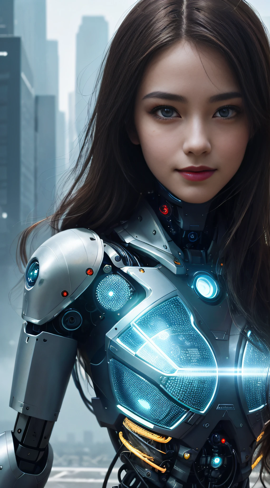 (1girl:1.3), solo, ((very detailed face)))), ((very detailed eyes and face)))), beautiful detail eyes, body parts__, official art, unified 8k wallpaper, super detailed, beautiful and beautiful, beautiful, masterpiece, best quality, original, masterpiece, super fine photo, best quality, super high resolution, realistic realism, sunlight, full body portrait, amazing beauty, sexy pose, delicate face, vibrant eyes, (from the front), futuristic robot woman, human-machine fusion, tech fashion, exotic background, intense light and shadow, complex lines, mechanical elements, eye-catching, noble and mysterious, robotic arm decoration, smile confusion, machine tattoo, glass transparent material, dazzling eyes, high-tech clothing, unique look, futuristic city background, digital projection, technological aura, superpower symbol, dancing posture, charming aura, futuristic charm, mechanical age, highly detailed skin, realistic skin details, visible pores, clear focus, 8k uhd, DSLR camera, high quality, film grain, fair skin, photo realism, lomography, a huge metropolis of future dystopia,