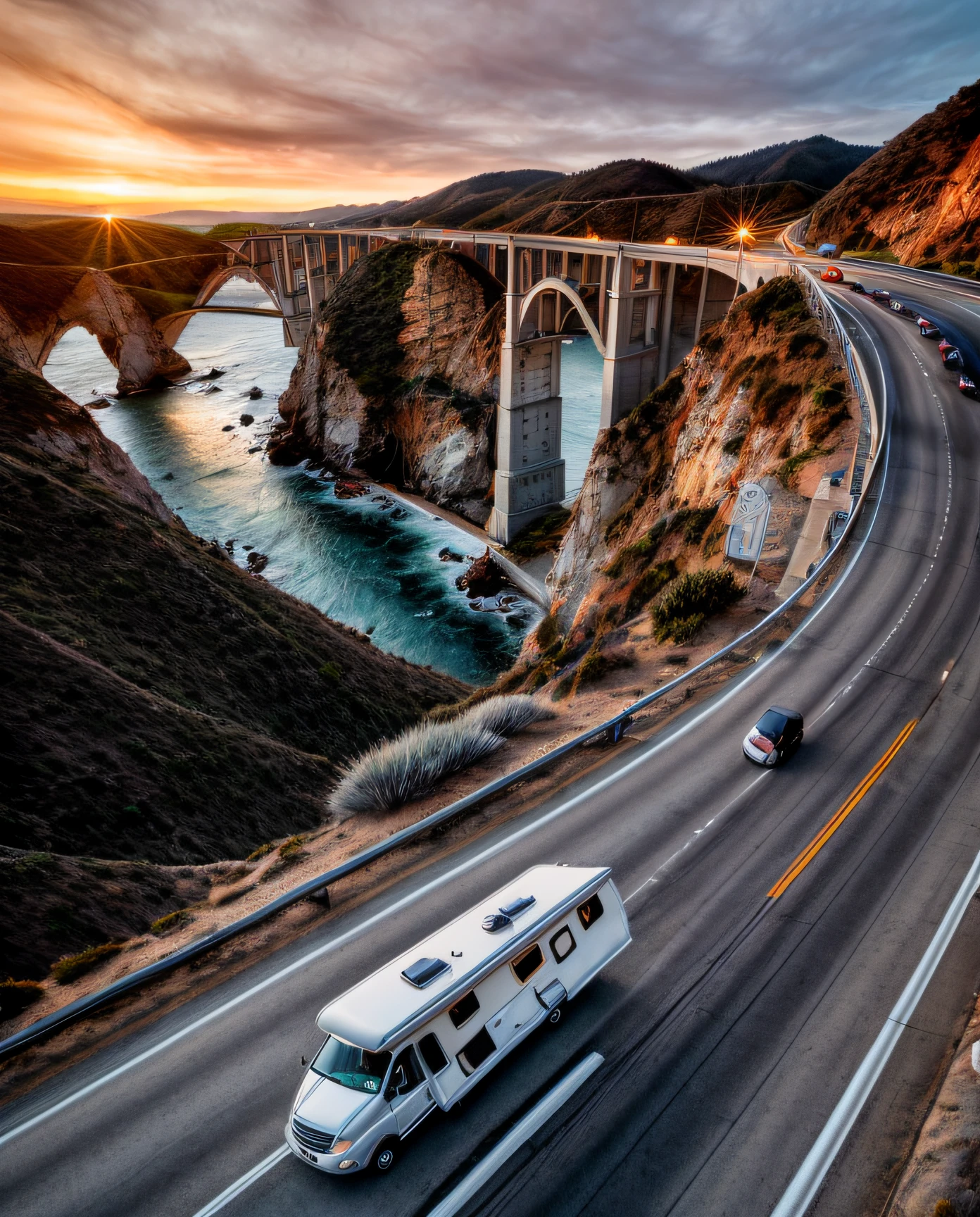 A motor home running through the Bixby Creek Bridge, in the Highway 101, California, at dusk, photorealistic, 8k