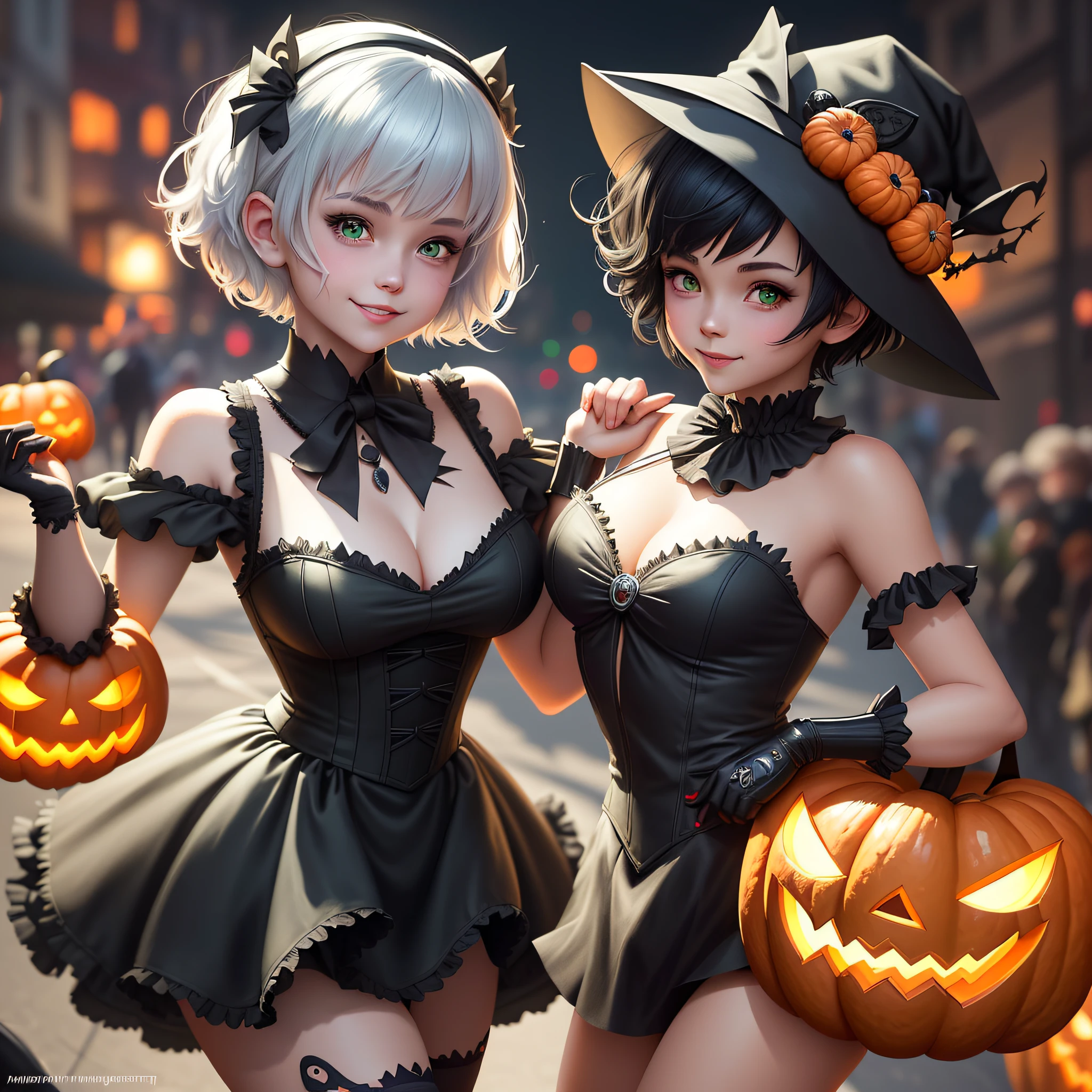 cute animated ghosts going sweet or mischief, halloween theme, background, comic style, white background, dynamic, highly detailed, sharp focus, 4k --auto