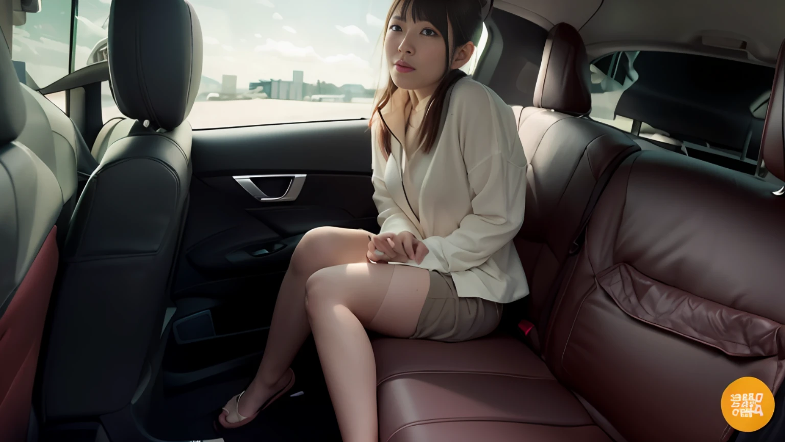 there is a woman sitting in the back seat of a car, set in tokyo bank parking lot, wearing dirty travelling clothes, 奈良美智, 4 8 0 p, けもの, 480p, reluvy5213, full car, sitting in her car, chiho, japanese goddess