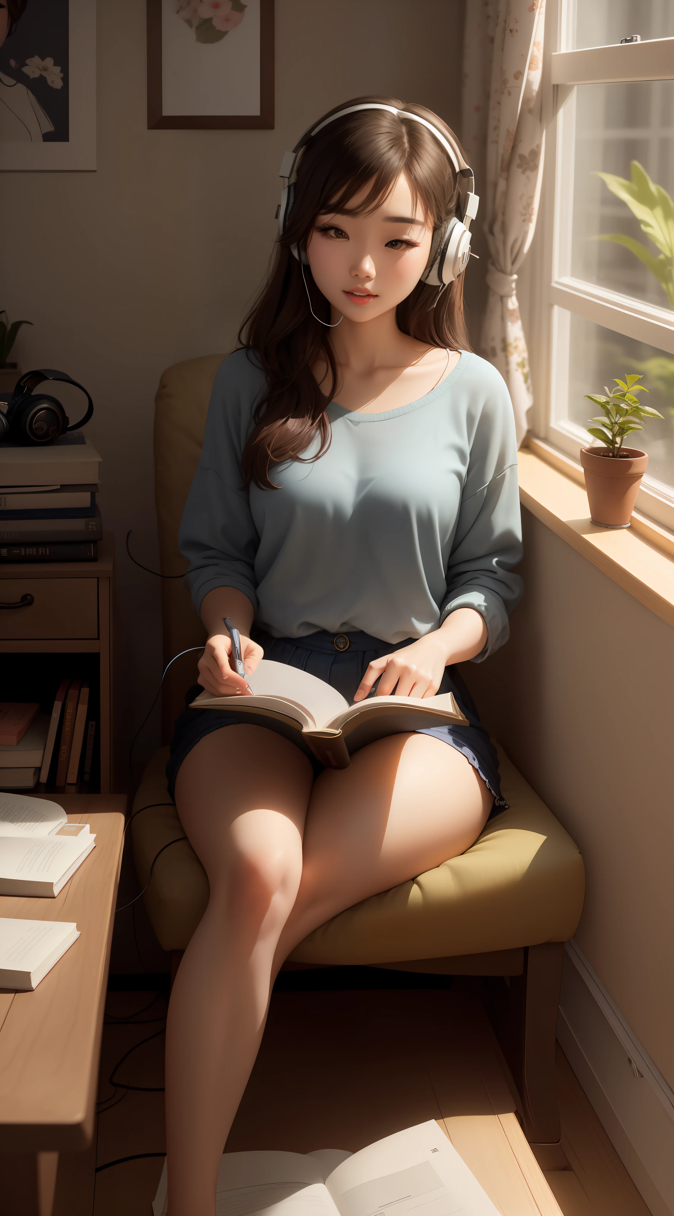 arafed woman sitting in a chair with headphones on reading a book, reading a book, studyng in bedroom, korean girl, gorgeous young korean woman, elegant study, studying in a brightly lit room, beautiful young korean woman, beautiful south korean woman, young and cute girl, cute young woman, korean woman, infp young woman, reading new book, studying