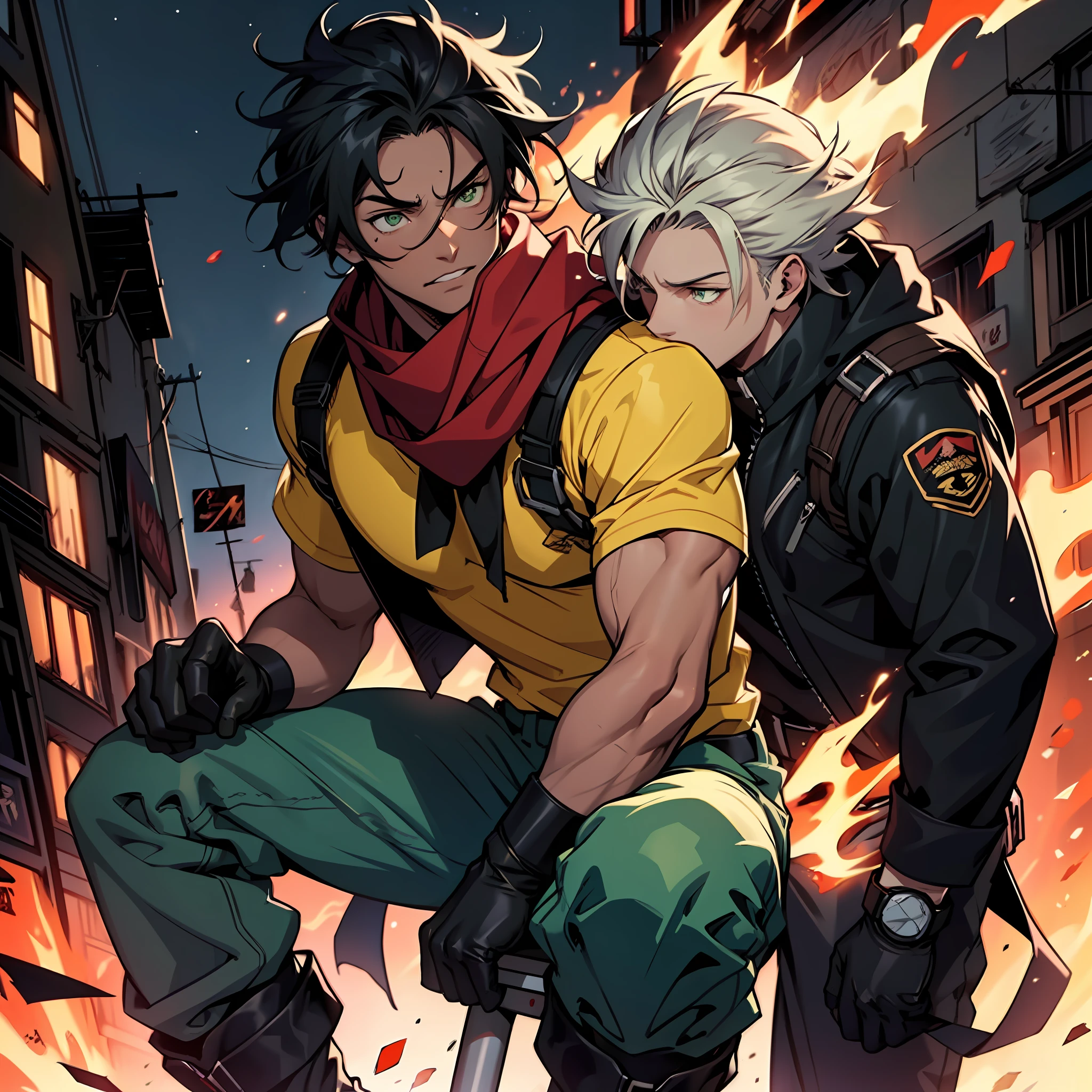 A boy, tall, black hair, abundant disheveled hair, brown skin, green eyes, a scar on his left eye, blue pants, high black boots, red scarf, yellow shirt, high black gloves, young, one arm on fire, apocalyptic background, night, anime, 2d, cartoon, comic --maturemalemix