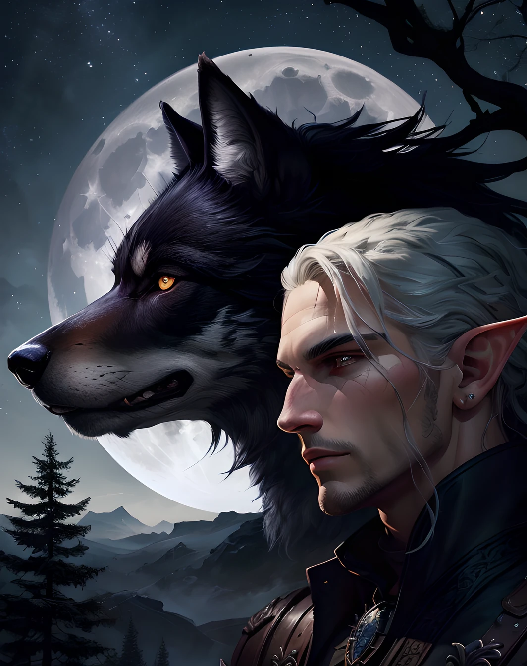 Witch and Wolf in front of a full moon, Fantasy Wolf Portrait, Portrait of Geralt of Rivia, Epic RPG Portrait, Warlock)), Geralt of Rivia, Epic Fantasy Art Style, Detailed 2D Digital Fantasy Art, Realistic Fantasy Illustration, A Portrait of a Male Elf, Dark Fantasy Style Art, Wolf Companion, Fantasy Male Portrait, Realistic 2D Digital Fantasy Art