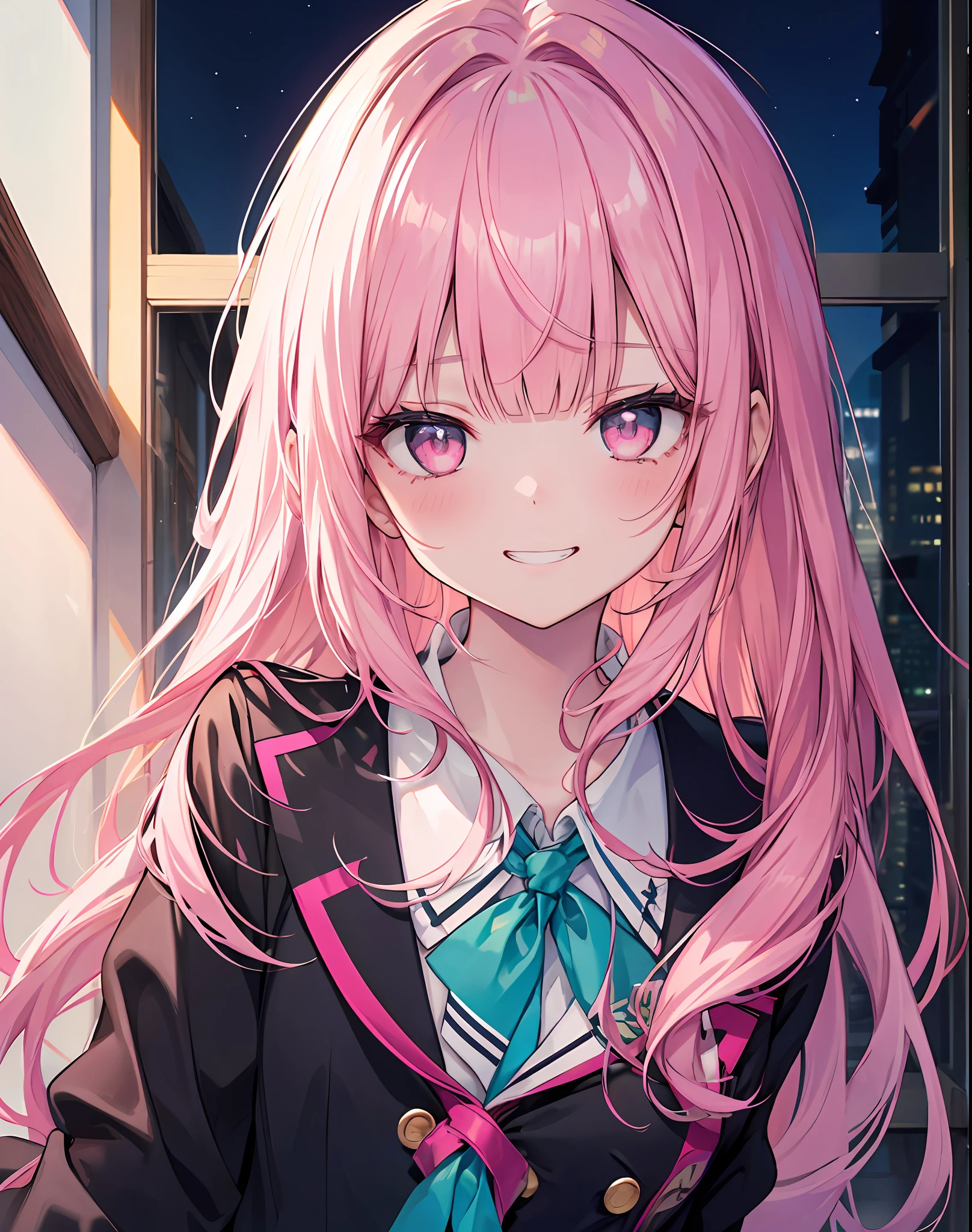 (masterpiece, best quality), 1girl, solo, masterpiece, best quality, ultra-detailed, absurdres, pink eyes, pink hair, long hair, blunt bangs, detailed eyes, wide-eyed, eyelashes, looking at viewer, night, yandere, facing viewer, cowboy shot, (black background:0.8), room interior, school uniform, aqua theme, grin, close to the viewer