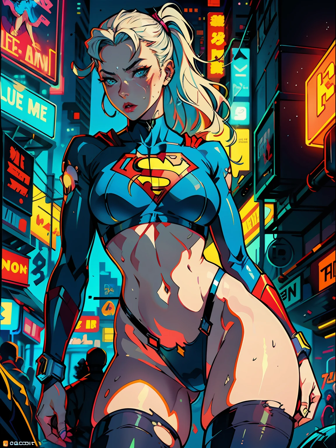 a digital painting of long-haired supergirl, cyberpunk art by Josan Gonzalez, winner of the behance contest, afrofuturism, synthwave, neon, shiny neon, thick thighs, thin waist, sensual, nsfw, little clothing, erotic art, anime, torn battle clothes, extremely sexualized, sweaty body, NSFW