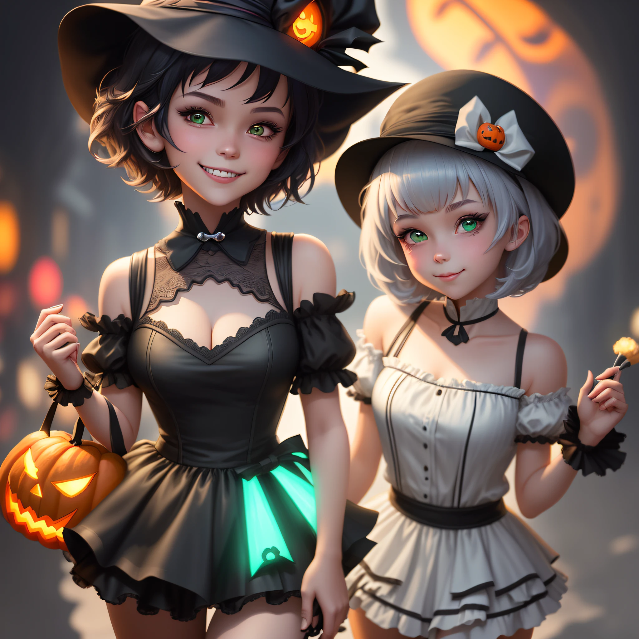 cute animated ghosts going sweet or mischief, halloween theme, background, comic style, white background, dynamic, highly detailed, sharp focus, 4k --auto