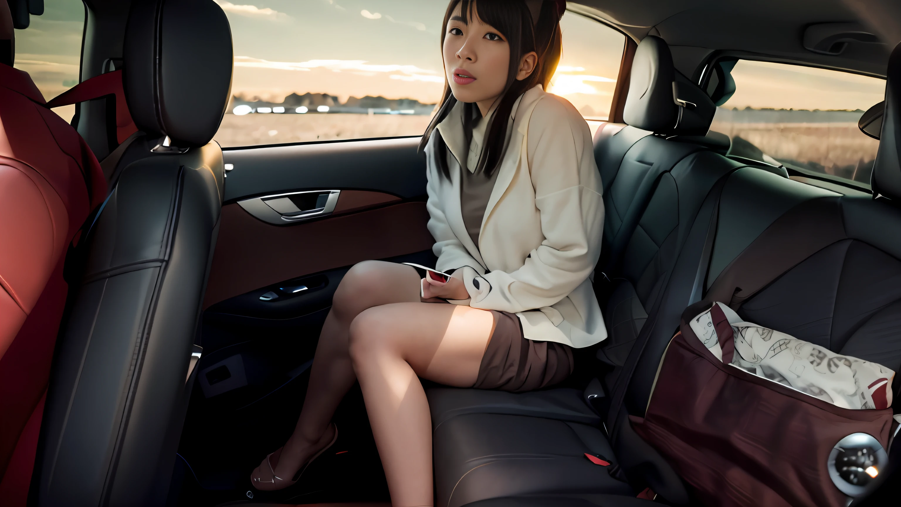 there is a woman sitting in the back seat of a car, set in tokyo bank parking lot, wearing dirty travelling clothes, 奈良美智, 4 8 0 p, けもの, 480p, reluvy5213, full car, sitting in her car, chiho, japanese goddess