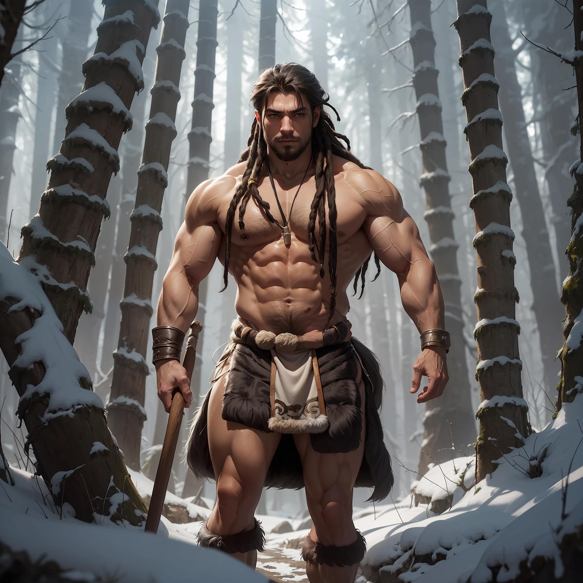 (1boy) (male) ((front view)) ((facing viewer)) Neanderthal man, detailed open eyes, epic, heroic, (muscular) ((brown skin:1.2)), ((long black dreadlock hair:1.2)), ((big muscles)), ((large pectorals)), narrow waist, ((hairy chest)), ((hairy legs)). (((wearing animal fur loincloth:1.4))), (bare arms), carrying a wooden spear. Emerging from a (dark cave) entrance. Early morning, Coniferous forest, patches of snow, Highly detailed fantasy art, dramatic volumetric light, artstation, beautiful modern fantasy illustration, photorealistic