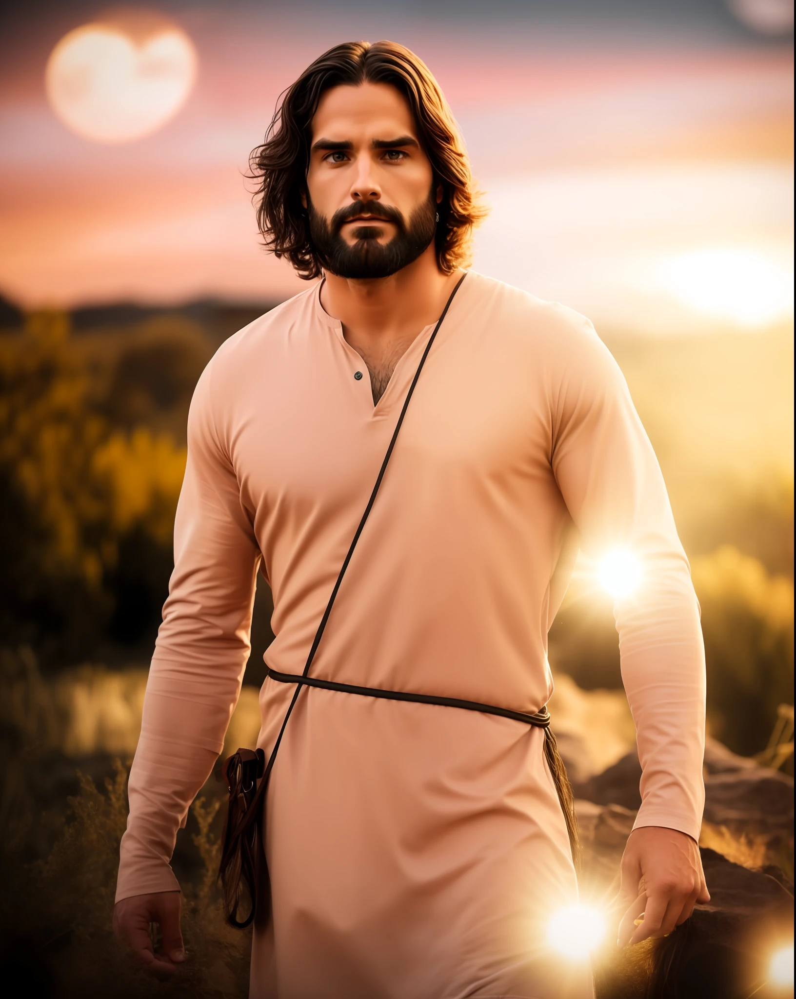 Seth Rollins as Jesus Christ, long hair, similar to seth rollins, wearing tunic, realistic image, best quality, 8k, focus on details.