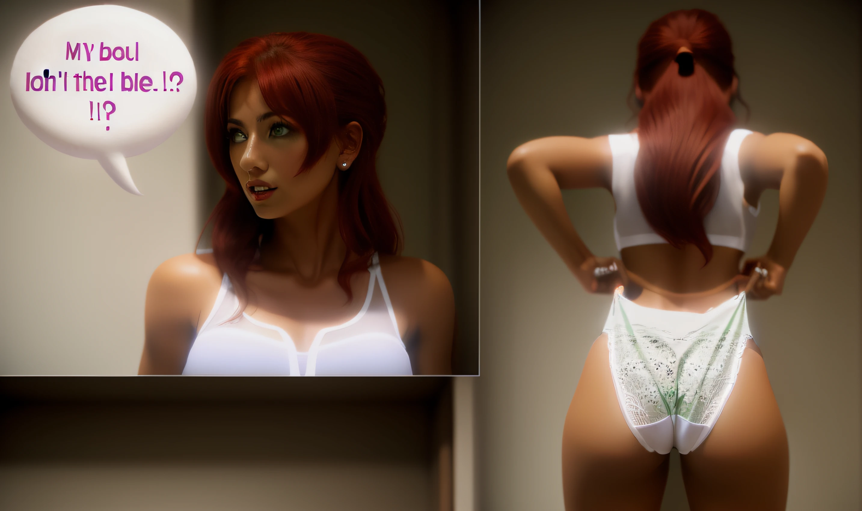 Red haired Latina, pulling up big white cotton panties, turnaround, asking the question "my butt isn't that big, is it?" in a speech bubble, green eyes, photo realistic, intricate details