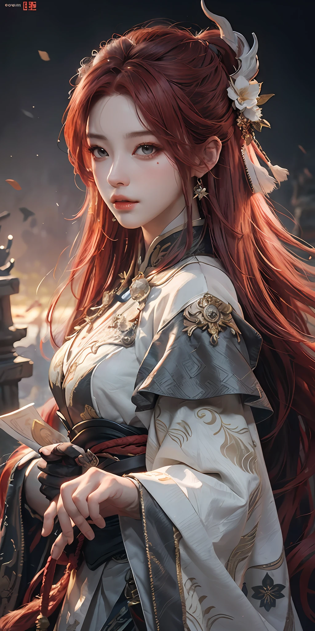 Close-up of a red-haired woman wearing a white mask, artwork in ancient costume, seductive redhead, Yang J, epic exquisite character art, stunning character art, Fan Qi, Wu Zhun Shifan, Genshin Art Station.