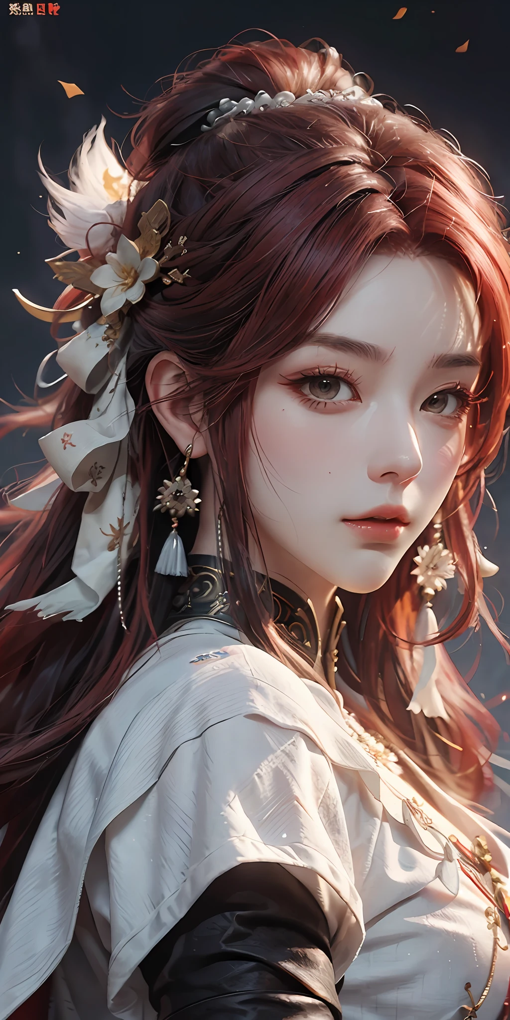 Close-up of a red-haired woman wearing a white mask, artwork in ancient costume, seductive redhead, Yang J, epic exquisite character art, stunning character art, Fan Qi, Wu Zhun Shifan, Genshin Art Station.