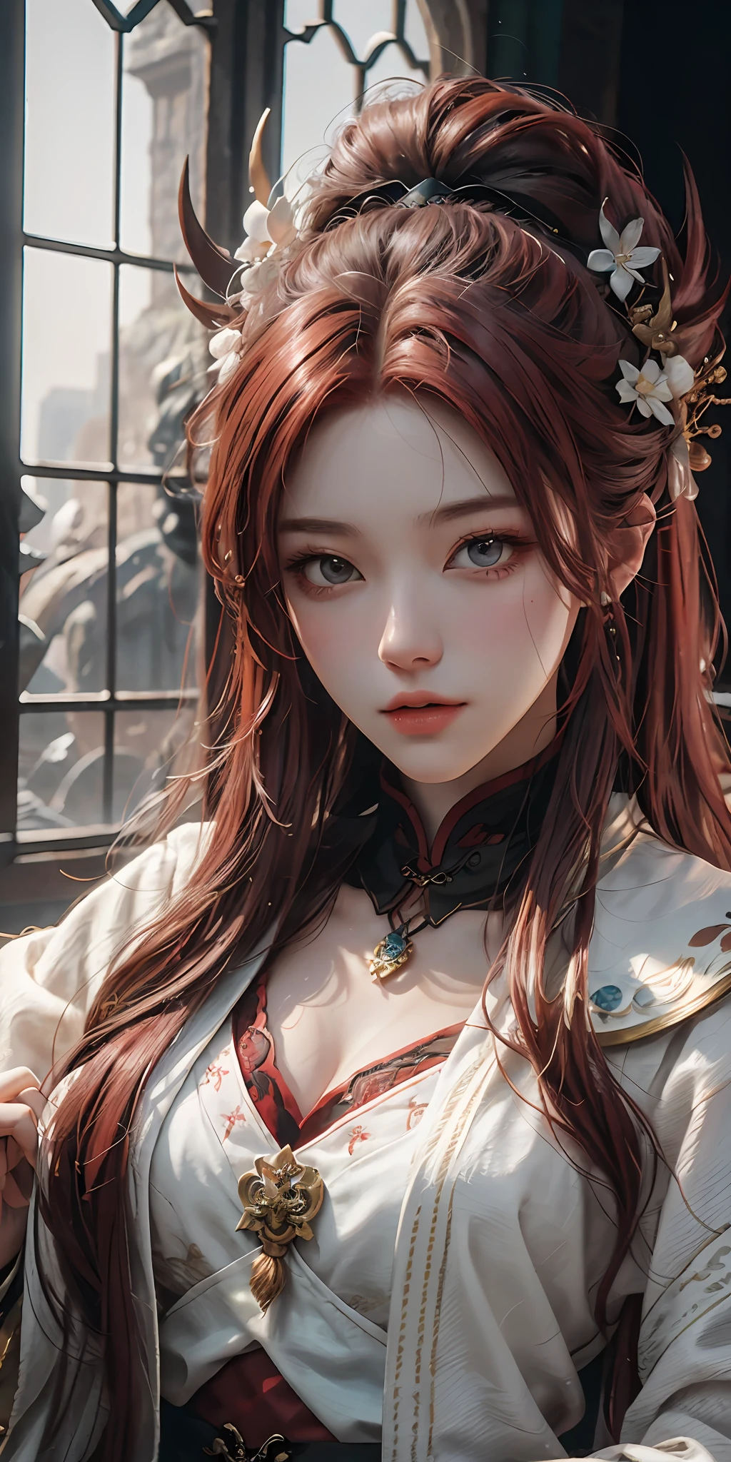 Close-up of a red-haired woman wearing a white mask, artwork in ancient costume, seductive redhead, Yang J, epic exquisite character art, stunning character art, Fan Qi, Wu Zhun Shifan, Genshin Art Station.