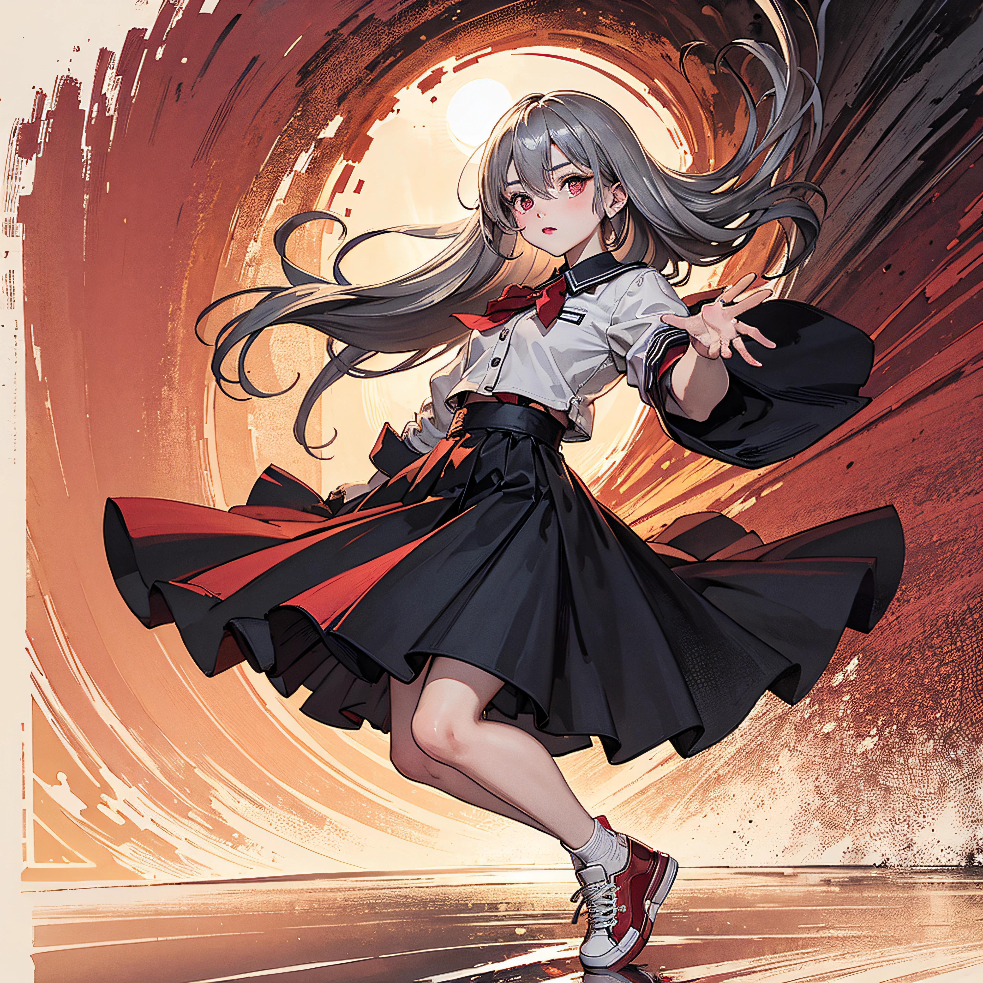 1girl, medium chest, cute, beautiful delicate eyes, shiny hair, visible through hair, hair between eyes, red monochrome, soviet poster, soviet, communism, brunette hair, red eye, vampire, teen, medium chest, high school uniform, white_space shoes, weightlessness, floating in the air, side light, reflection, person in high school uniform in the bottom left of the frame, right hand outstretched, right hand gently touching Salyut), The glow in the lower right corner of the screen, the reflection of the sun, the silver metal, the red flag, the brilliance, the diffuse reflection, the metallic texture, the vista is school, high-profile, imposing