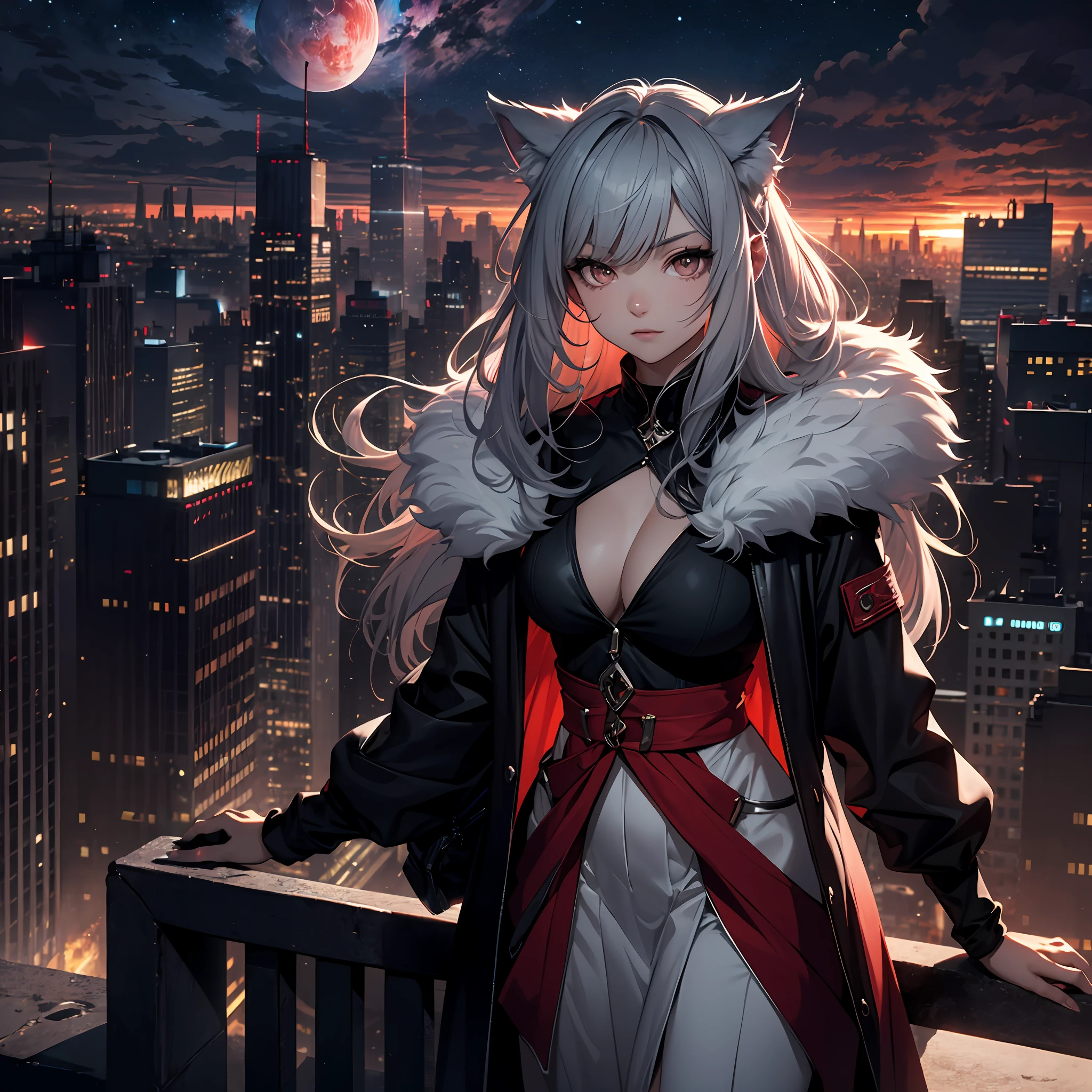 A breathtaking artwork: an enchanting half-wolf woman with gorgeous grey silver hair and ears, standing proudly in front of a sprawling cityscape, with a mesmerizing crimson planet dominating the vibrant sky.