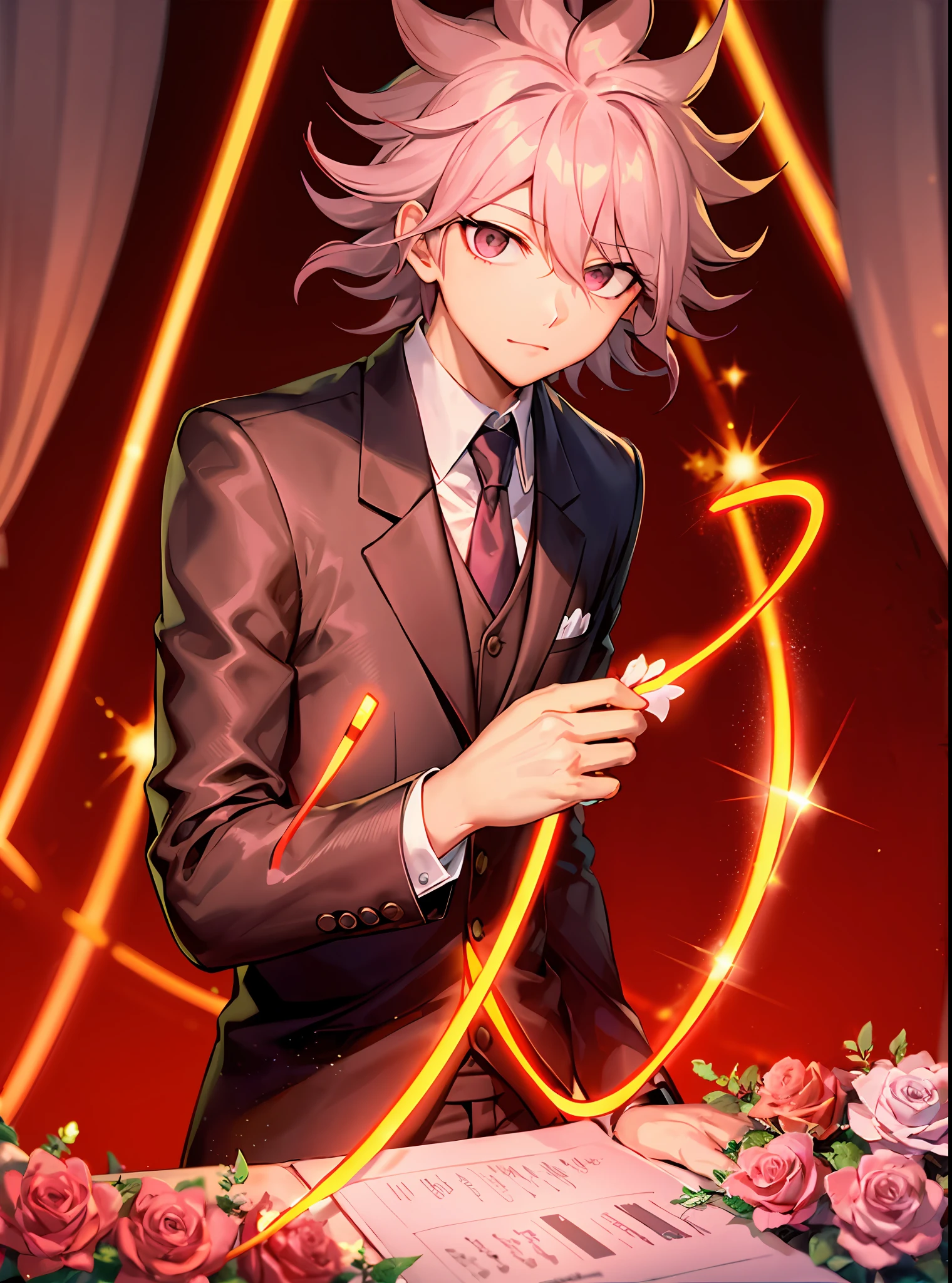 Nagito Komaeda , Danganronpa anime style , tuxedo , rose in hand , romantic vibe , head and shoulders shot ,