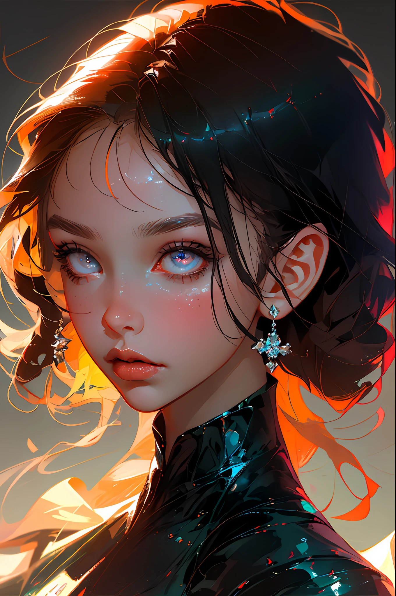 (best quality, masterpiece), 1girl, solo, focus on face, detailed eyes, long eyelashes, mouth ajar, eyes pulled, dark circles, staring, dark hair, fine details of face, elegant, studio background, studio lighting, high quality, focus on face and eyes