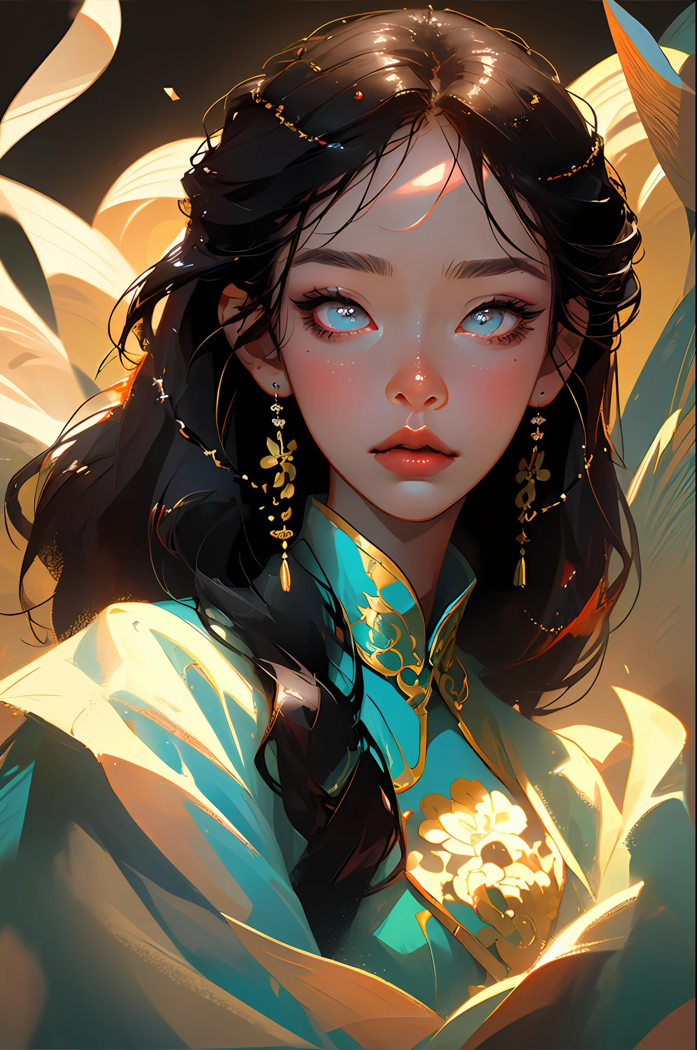 (best quality, masterpiece), 1girl, solo, focus on face, detailed eyes, long eyelashes, mouth ajar, (mouth slightly open), eyes pulled, (Asian eyes), dark circles, staring, dark hair, fine details of the face, elegant, studio background, studio lighting, high quality, focus on face and eyes