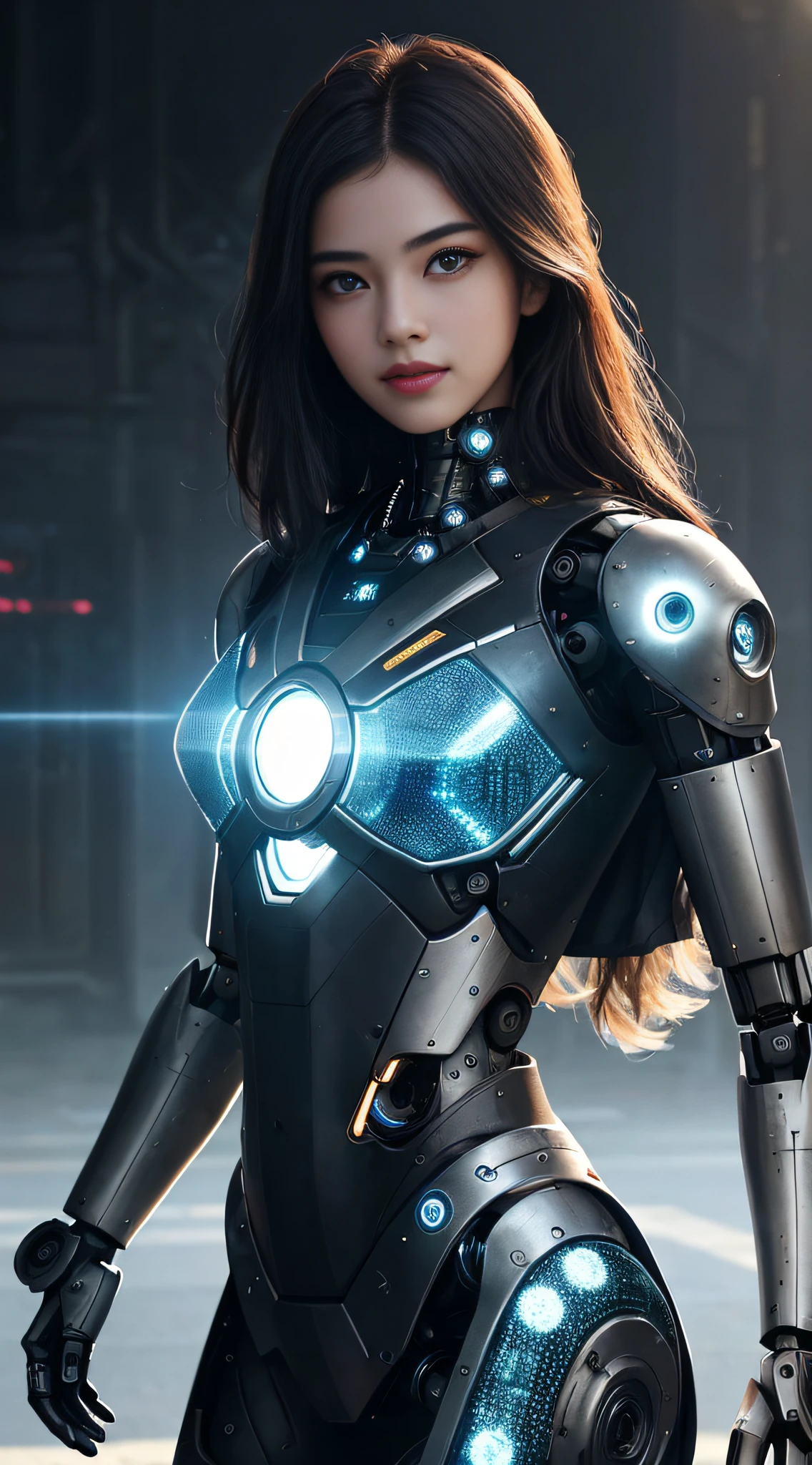 (1girl:1.3), solo, ((very detailed face)))), ((very detailed eyes and face)))), beautiful detail eyes, body parts__, official art, unified 8k wallpaper, super detailed, beautiful and beautiful, beautiful, masterpiece, best quality, original, masterpiece, super fine photo, best quality, super high resolution, realistic realism, sunlight, full body portrait, amazing beauty, sexy pose, delicate face, vibrant eyes, (from the front), futuristic robot woman, human-machine fusion, tech fashion, exotic background, intense light and shadow, complex lines, mechanical elements, eye-catching, noble and mysterious, robotic arm decoration, smile confusion, machine tattoo, glass transparent material, dazzling eyes, high-tech clothing, unique look, futuristic city background, digital projection, technological aura, superpower symbol, dancing posture, charming aura, futuristic charm, mechanical age, highly detailed skin, realistic skin details, visible pores, clear focus, 8k uhd, DSLR camera, high quality, film grain, fair skin, photo realism, lomography, a huge metropolis of future dystopia,