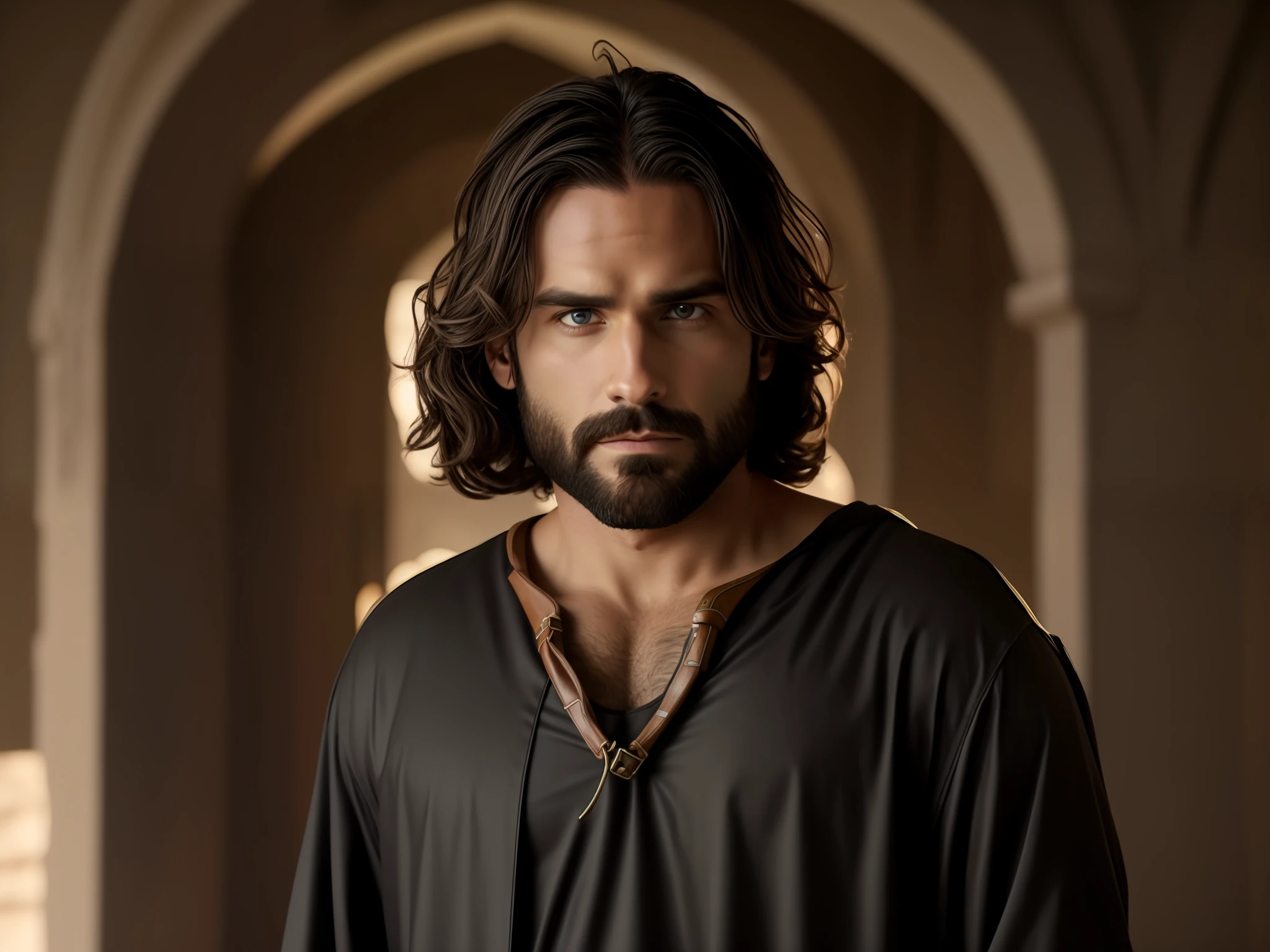 Seth Rollins as Jesus Christ, long hair, similar to seth rollins, wearing tunic, realistic image, best quality, 8k, focus on details.