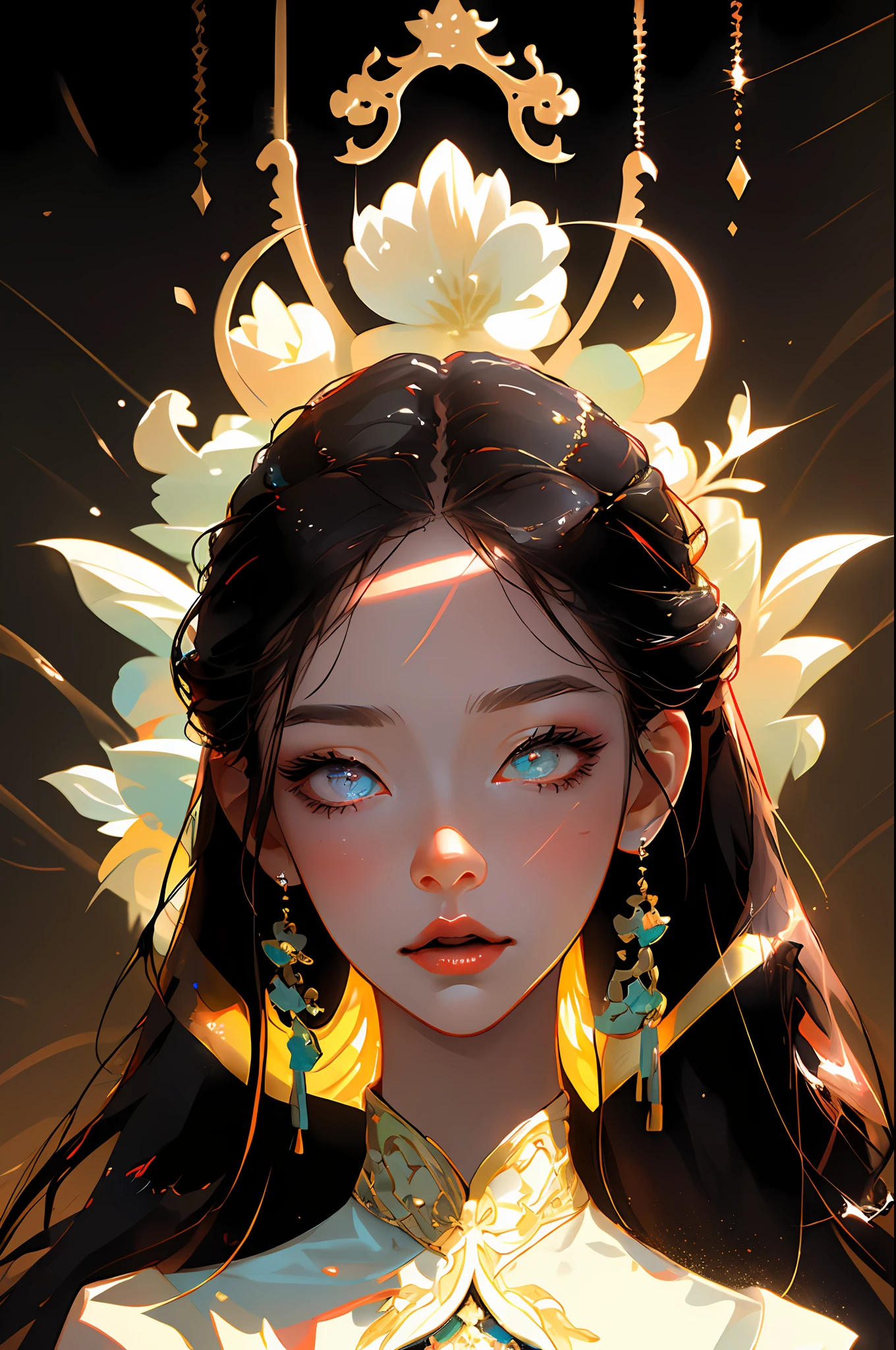 (best quality, masterpiece), 1girl, solo, focus on face, detailed eyes, long eyelashes, mouth ajar, (mouth slightly open), eyes pulled, (Asian eyes), dark circles, staring, dark hair, fine details of the face, elegant, light clothing, elegant clothes, studio background, studio lighting, high quality, focus on face and eyes
