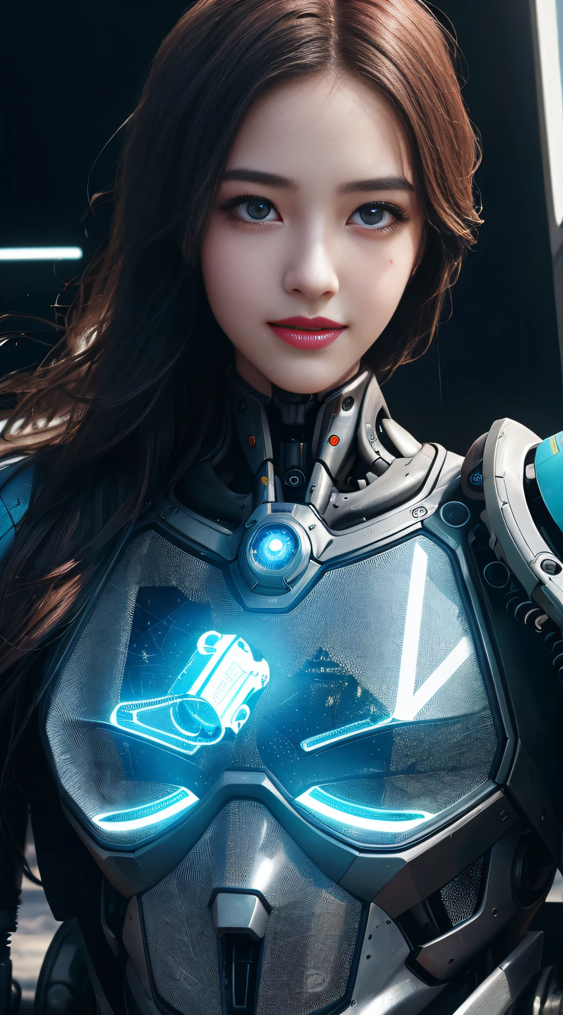 (1girl:1.3), solo, ((very detailed face)))), ((very detailed eyes and face)))), beautiful detail eyes, body parts__, official art, unified 8k wallpaper, super detailed, beautiful and beautiful, beautiful, masterpiece, best quality, original, masterpiece, super fine photo, best quality, super high resolution, realistic realism, sunlight, full body portrait, amazing beauty, sexy pose, delicate face, vibrant eyes, (from the front), futuristic robot woman, human-machine fusion, tech fashion, exotic background, intense light and shadow, complex lines, mechanical elements, eye-catching, noble and mysterious, robotic arm decoration, smile confusion, machine tattoo, glass transparent material, dazzling eyes, high-tech clothing, unique look, futuristic city background, digital projection, technological aura, superpower symbol, dancing posture, charming aura, futuristic charm, mechanical age, highly detailed skin, realistic skin details, visible pores, clear focus, 8k uhd, DSLR camera, high quality, film grain, fair skin, photo realism, lomography, a huge metropolis of future dystopia,