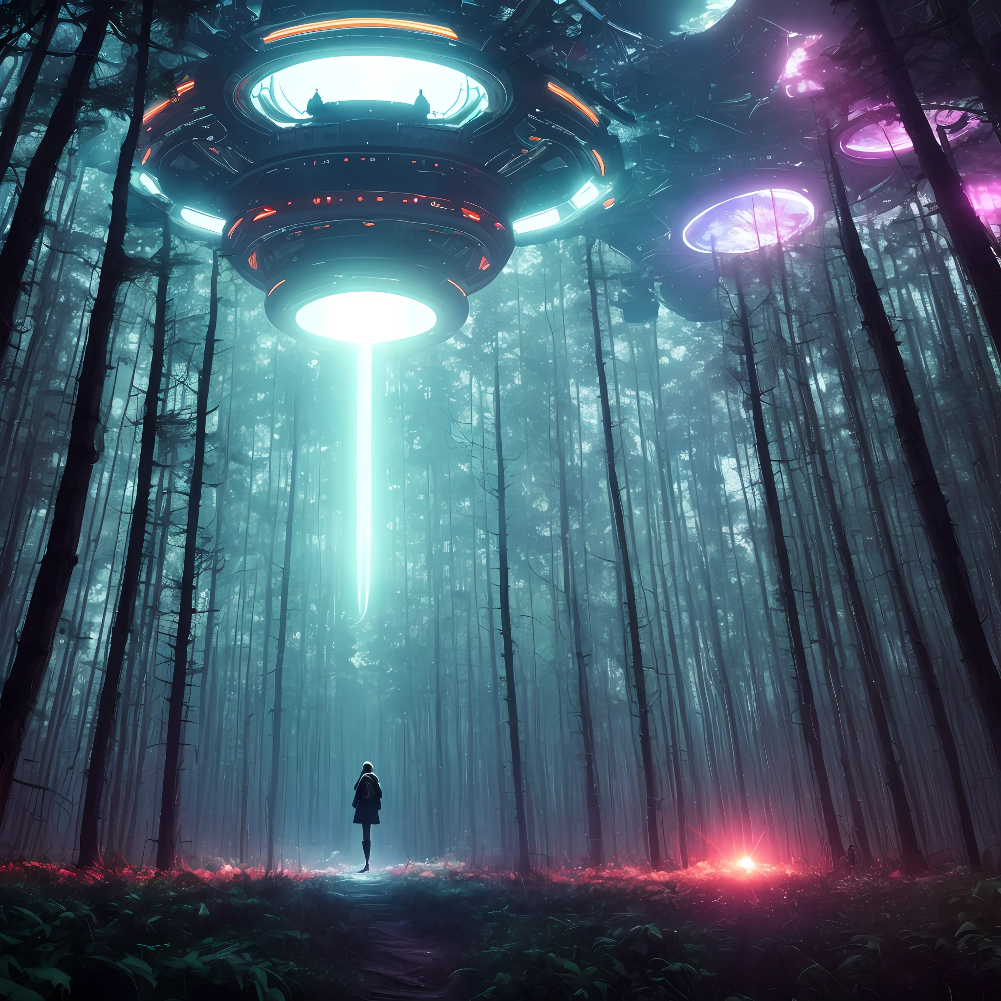 There's a girl standing in the middle of a forest at night being abducted by a gigantic alienship in the sky, neon lights, Lens Burn, chromatic freak, 8K resolution, ultra-realistic, perfect shading