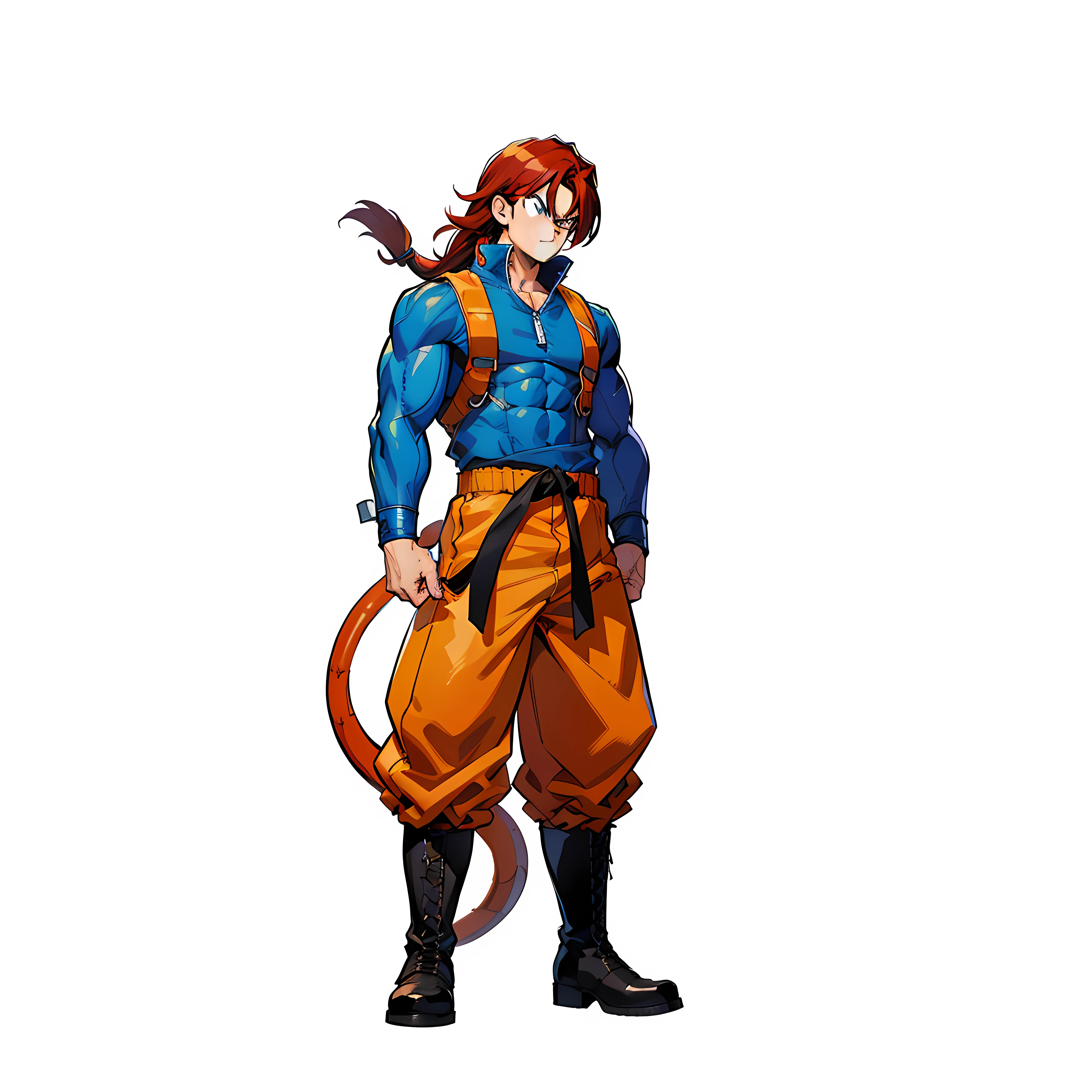the artistic influence of Yusuke Murata and dragon ball, akira toriyama, (maximum detail), in 4k, (muscles), ( (serious), (redhead), (long hair), (man 17 years), (muscles), (black pants), (boots with blue laces)